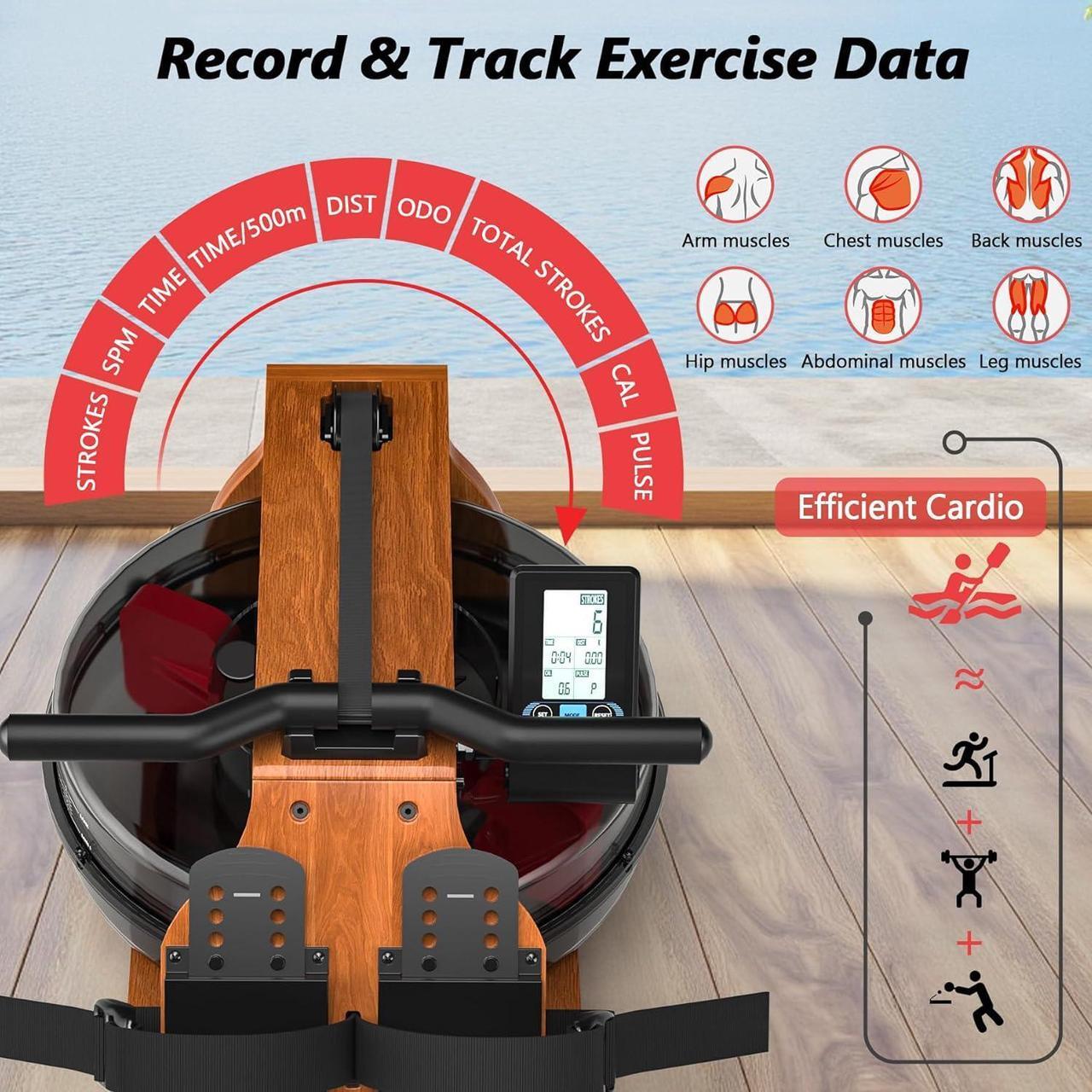 Alt view image 3 of 7 - Water Rowing Machine for Home Use, Wooden Foldable Rower Machine with Adjustable Monitor & Bluetooth APP, Large Water Tank & Comfortable Seat for Immersive Water Rower, 350LBS Weight Capacity