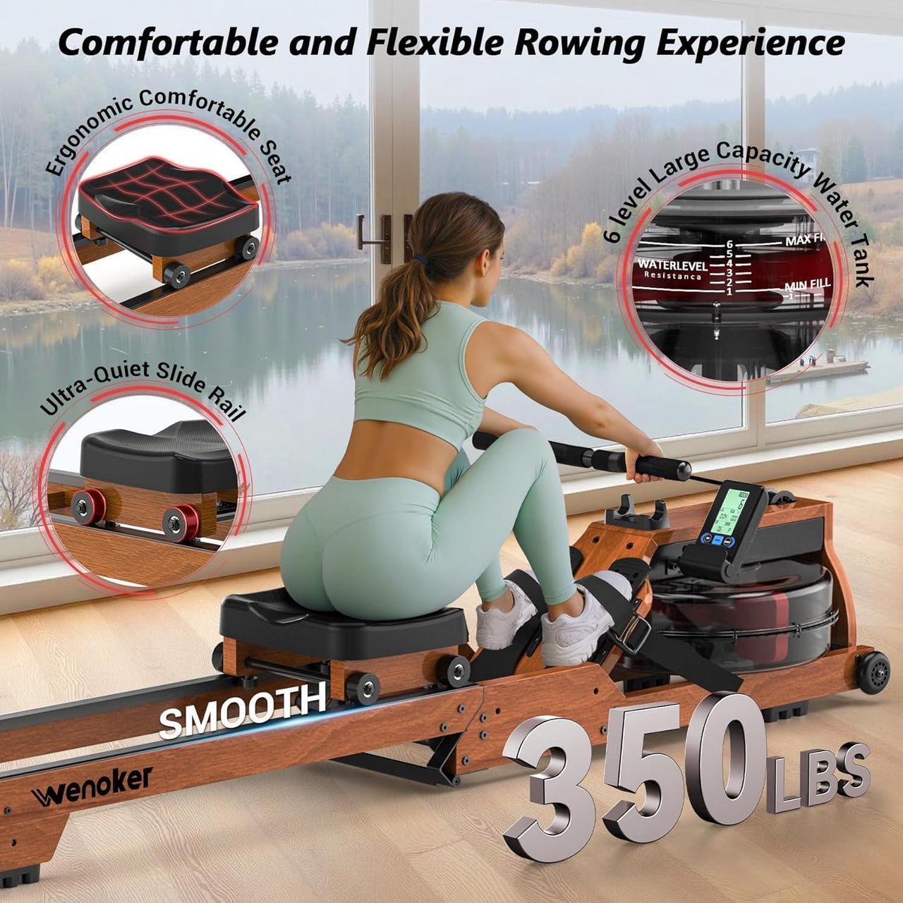 Alt view image 4 of 7 - Water Rowing Machine for Home Use, Wooden Foldable Rower Machine with Adjustable Monitor & Bluetooth APP, Large Water Tank & Comfortable Seat for Immersive Water Rower, 350LBS Weight Capacity