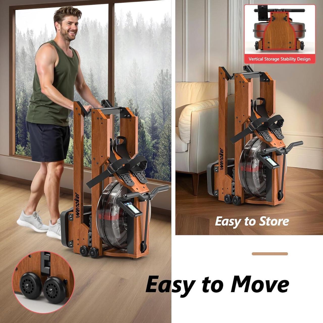 Alt view image 5 of 7 - Water Rowing Machine for Home Use, Wooden Foldable Rower Machine with Adjustable Monitor & Bluetooth APP, Large Water Tank & Comfortable Seat for Immersive Water Rower, 350LBS Weight Capacity
