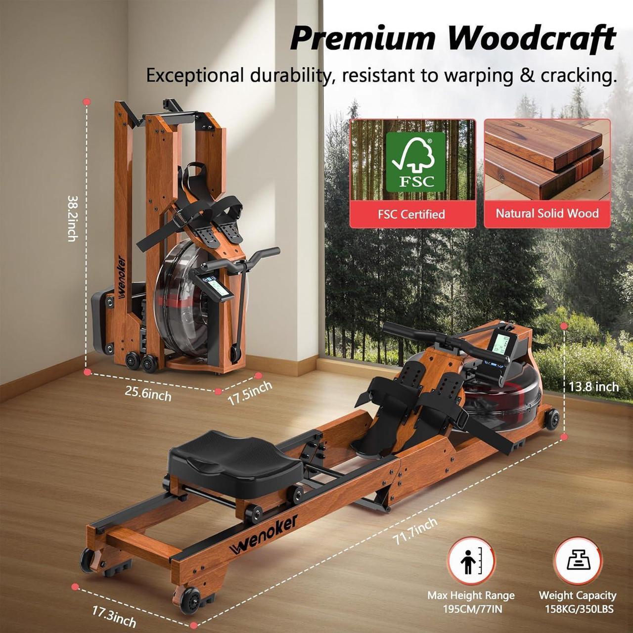Alt view image 6 of 7 - Water Rowing Machine for Home Use, Wooden Foldable Rower Machine with Adjustable Monitor & Bluetooth APP, Large Water Tank & Comfortable Seat for Immersive Water Rower, 350LBS Weight Capacity