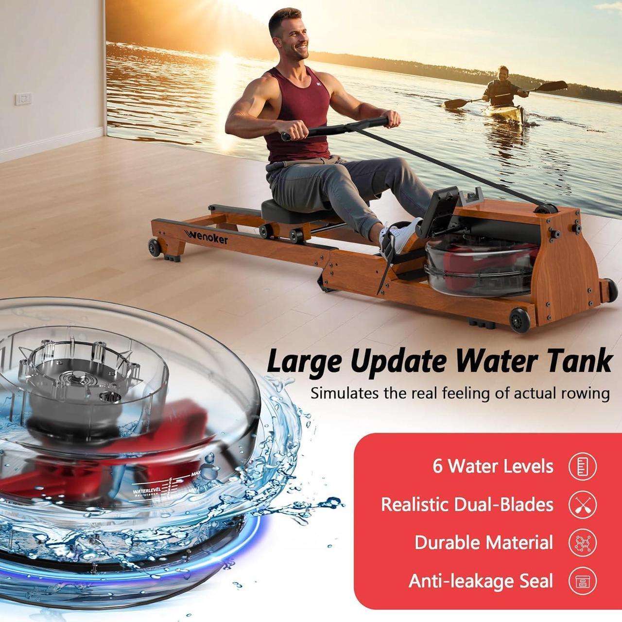 Alt view image 7 of 7 - Water Rowing Machine for Home Use, Wooden Foldable Rower Machine with Adjustable Monitor & Bluetooth APP, Large Water Tank & Comfortable Seat for Immersive Water Rower, 350LBS Weight Capacity