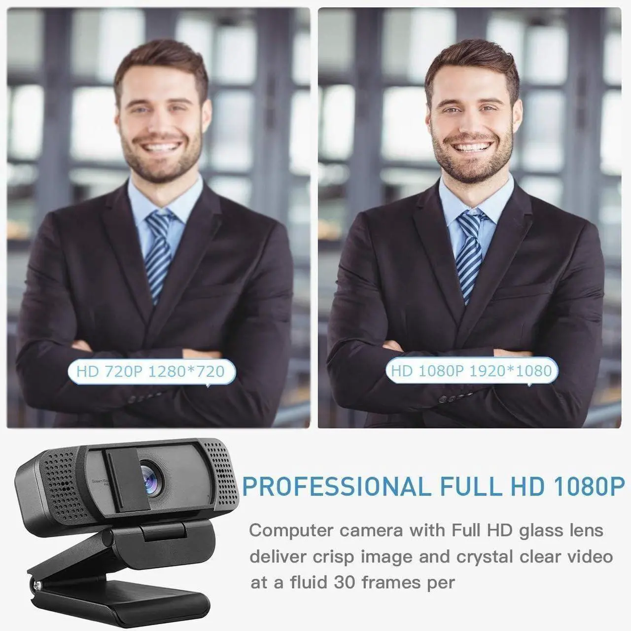 Alt view image 2 of 6 - Webcam HD 1080p-Streaming Webcam with Privacy Cover for Desktop Computer PC,100° Wide-Angle View with Stereo Microphone, USB Webcam Plug and Play,Low-Light Correction