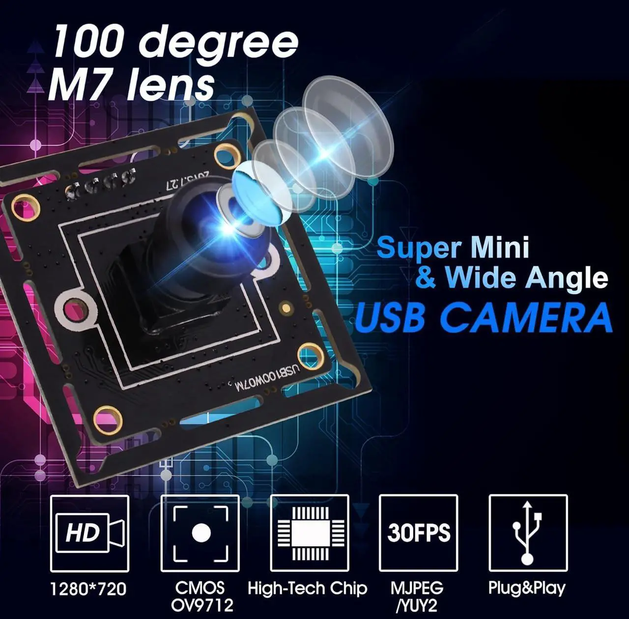 Alt view image 3 of 7 - ELP USB Camera Module Super Mini 720p Wide Angle with 100degree M7 Lens Megapixel HD OV9712 Embedded Webcam Board for Computer USB2.0 UVC Video PC Opencv Camera Module,with 3.3ft/1m Cable for Laptop