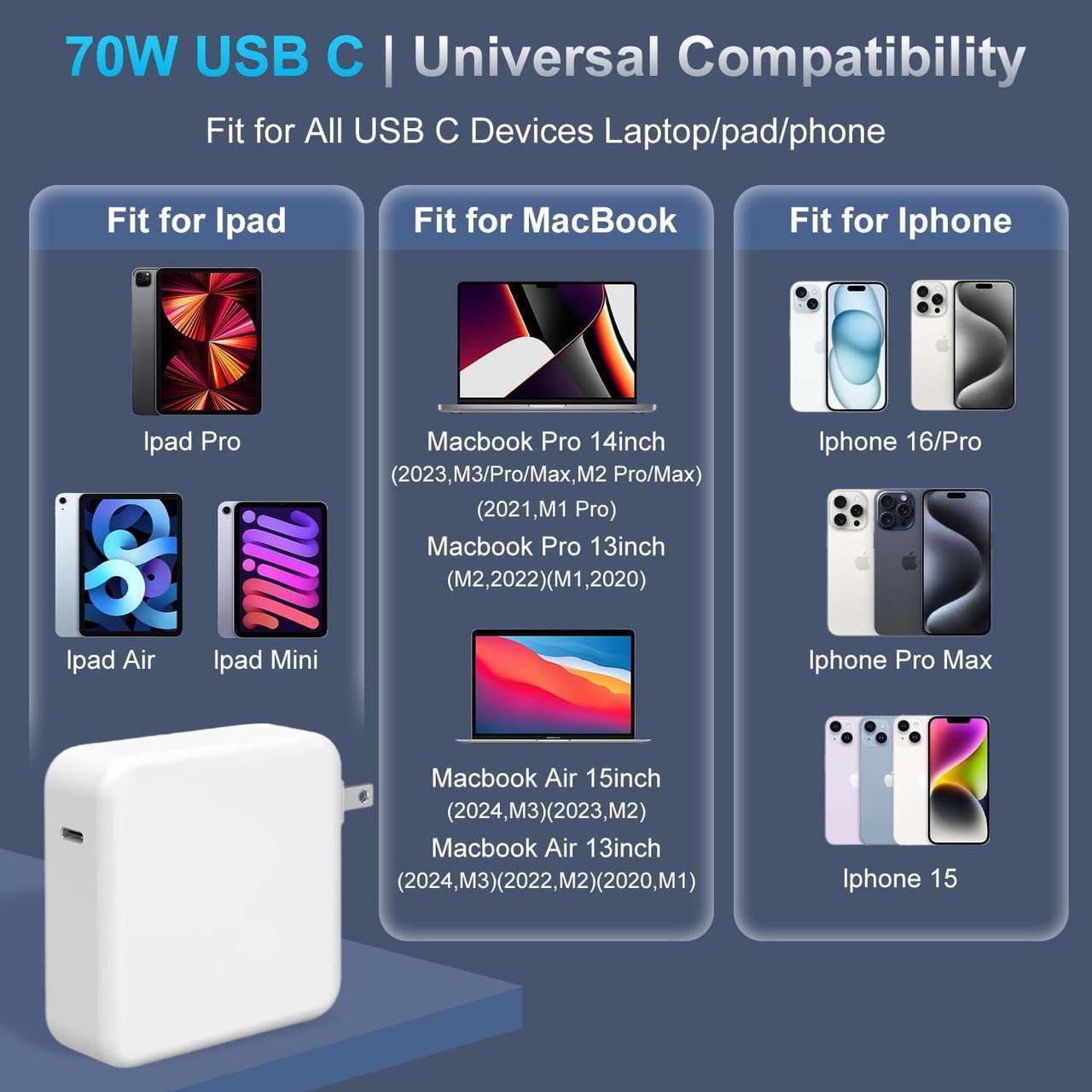 Alt view image 6 of 6 - Charger for Mac Book Air 15 13 Inch Mac Book Pro14 Inch M4 M3 M2 M1 2024 2023 2022 2021 70W USB-C to Mag 3 Power Adapter Include 6.6ft 5A USB-C to Mag 3 Cable