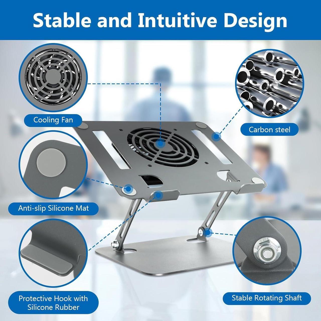 Alt view image 7 of 7 - Desk Laptop Stand with Cooling Fan, Adjustable Height Laptop Cooling Pad, Ergonomic Laptop Stand, Fully Compatible with Laptops and Tablets from 10 to 16 Inches