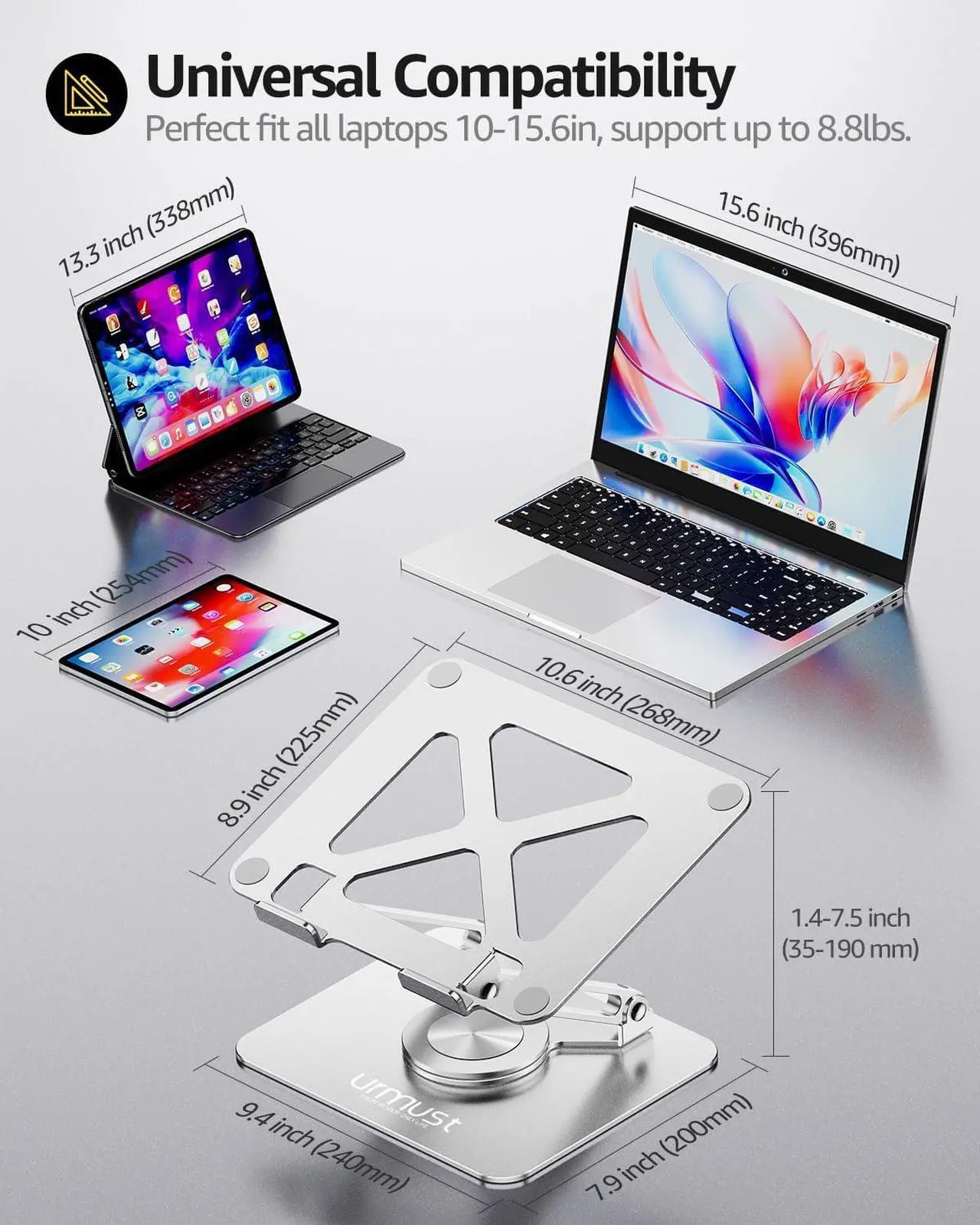 Alt view image 6 of 7 - Urmust Laptop Stand for Desk with 360 Rotating Base, Ergonomic Adjustable Laptop Riser for Laptops 10 to 16 Inches