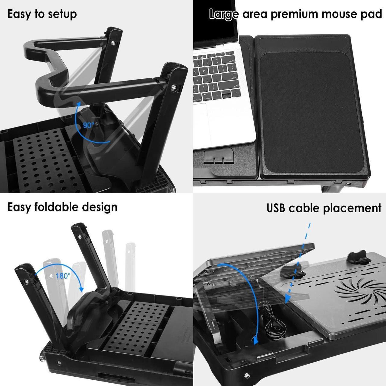 Alt view image 3 of 7 - Laptop Table Stand for Bed, Adjustable Laptop Desk for Bed, Portable Desktop Lap Desk with Cooling Fan and 4 USB Port, Foldable Computer Lap Desk for Bed Sofa Couch Floor(Black)