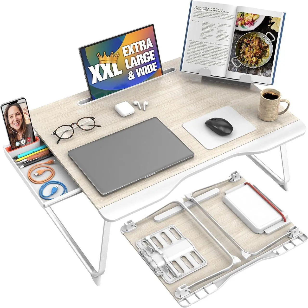 Main image of Cooper Mega Table Plus [Premium XXL Extra Large] Laptop Lap Desk & Book Stand | Multifunctional Foldable Lap Desk, Laptop Desk for Bed, Portable Desk (White Oak, Mega Table Plus (26 x 19))