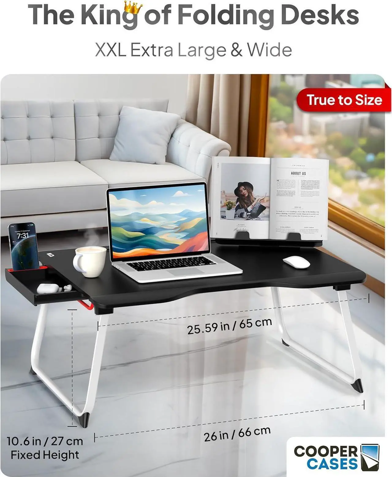 Alt view image 2 of 6 - Cooper Mega Table Plus [Premium XXL Extra Large] Laptop Lap Desk & Book Stand | Multifunctional Foldable Lap Desk, Laptop Desk for Bed, Portable Desk (White Oak, Mega Table Plus (26 x 19))