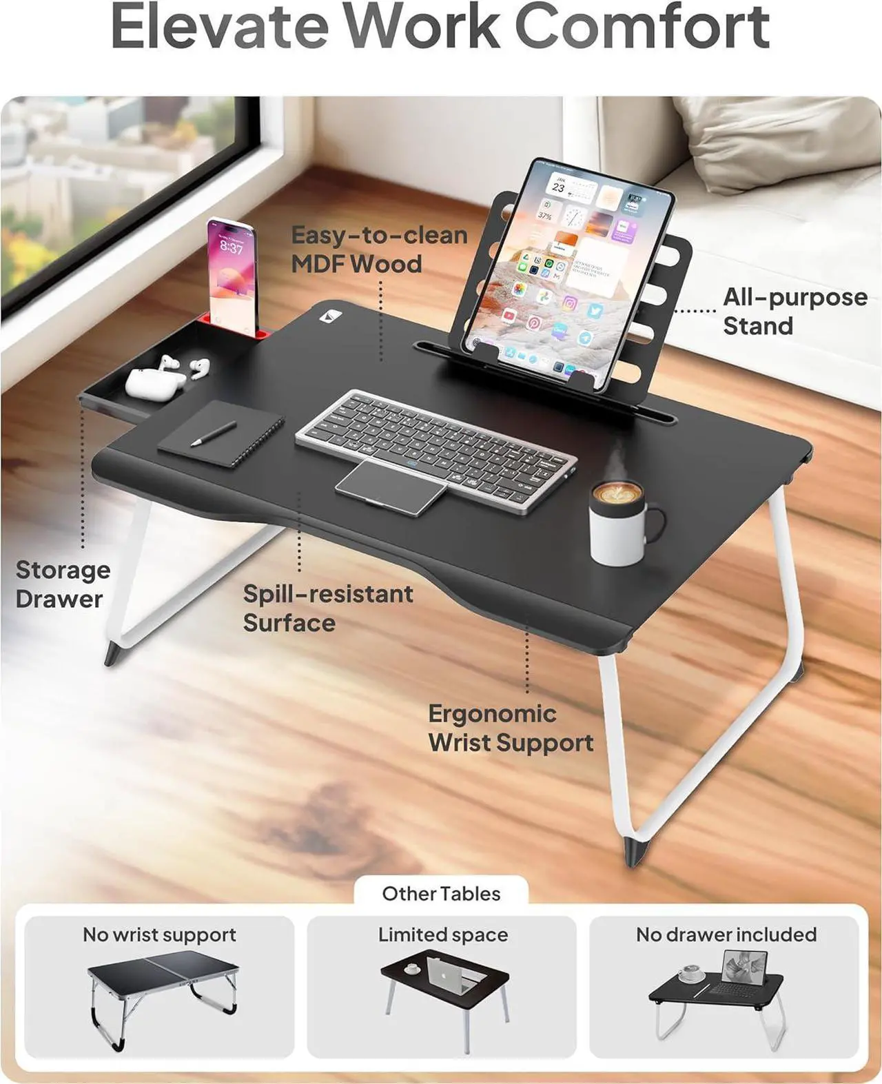 Alt view image 6 of 6 - Cooper Mega Table Plus [Premium XXL Extra Large] Laptop Lap Desk & Book Stand | Multifunctional Foldable Lap Desk, Laptop Desk for Bed, Portable Desk (White Oak, Mega Table Plus (26 x 19))