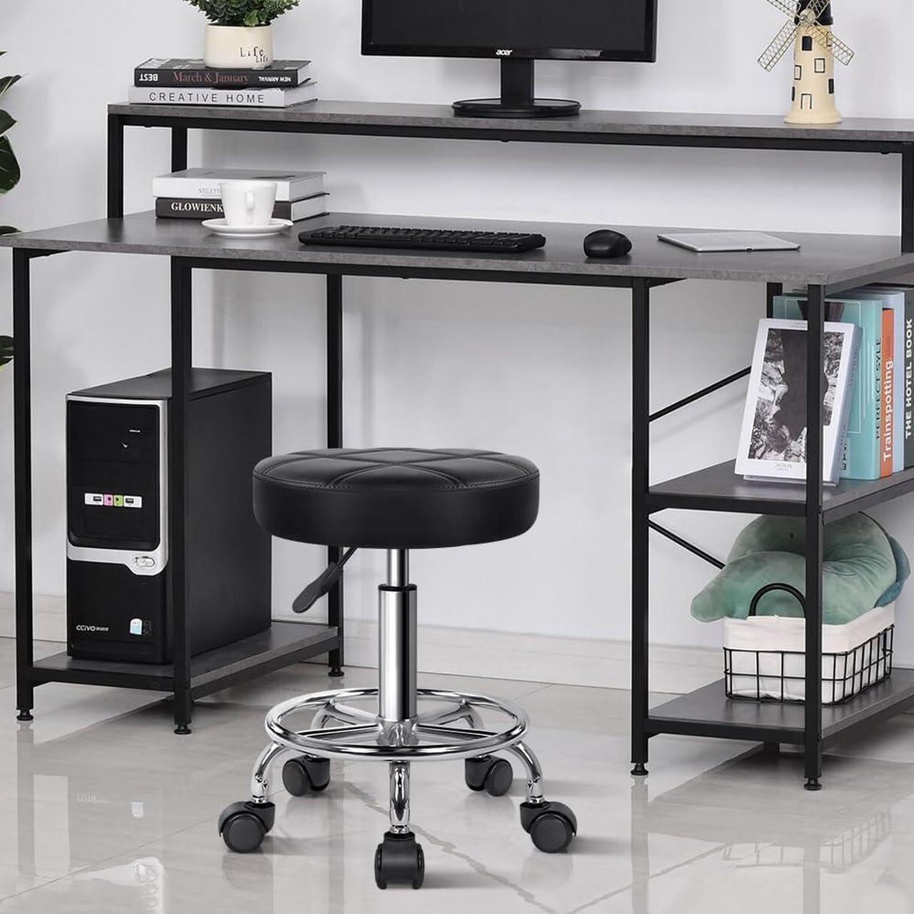 Alt view image 2 of 7 - KKTONER Round Rolling Stool Chair PU Leather Height Adjustable Swivel Drafting Work SPA Shop Salon Stools with Wheels Office Chair Small (Black)