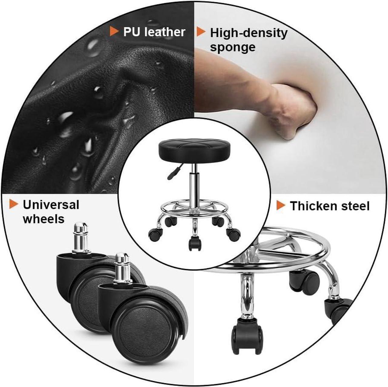 Alt view image 5 of 7 - KKTONER Round Rolling Stool Chair PU Leather Height Adjustable Swivel Drafting Work SPA Shop Salon Stools with Wheels Office Chair Small (Black)