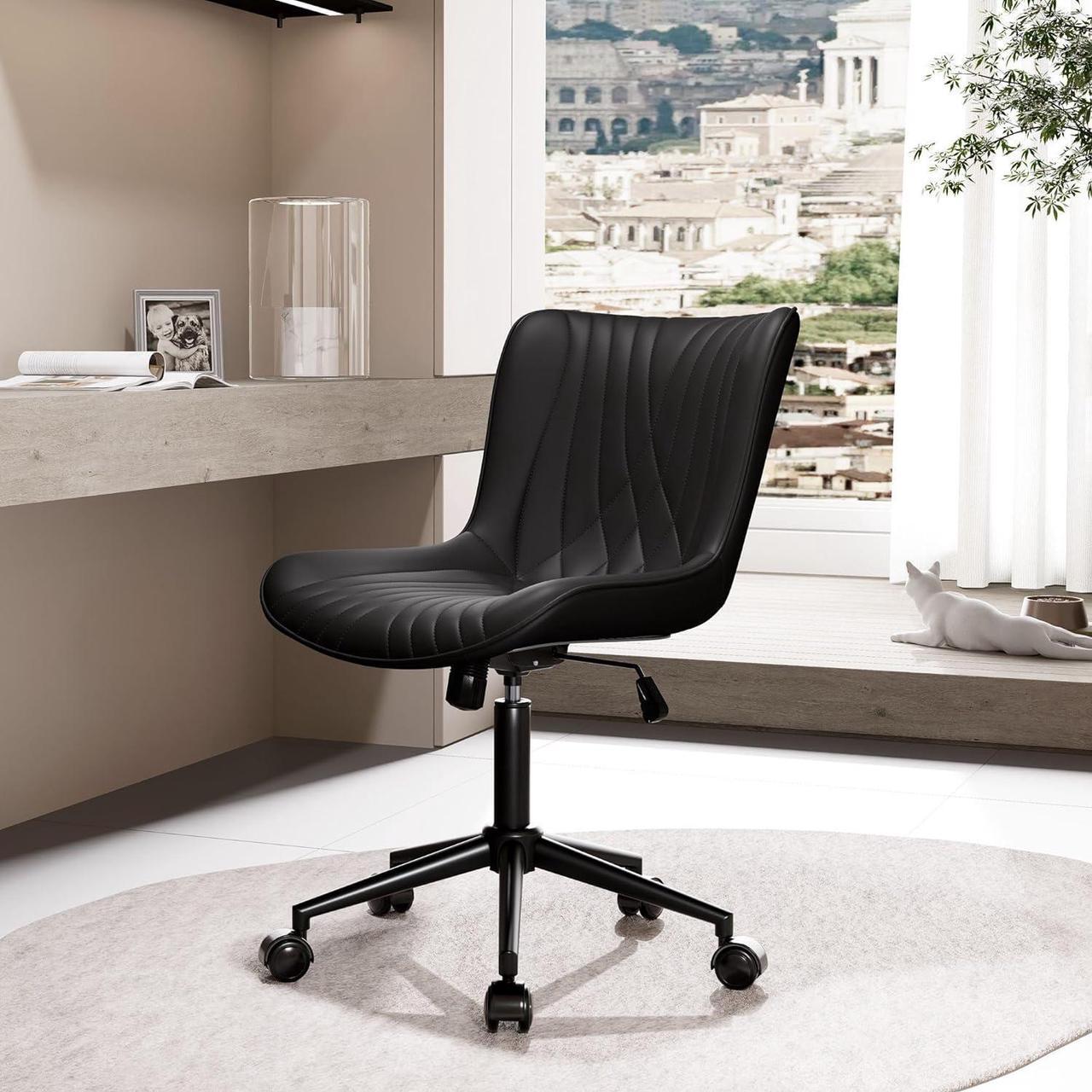Main image of YOUNIKE Office Chair, Armless Desk Chair with Wheels, Home Office Computer Task Chairs, Modern Faux Leather Padded Vanity Chair, Adjustable Swivel Rocking Chair with Back, Black