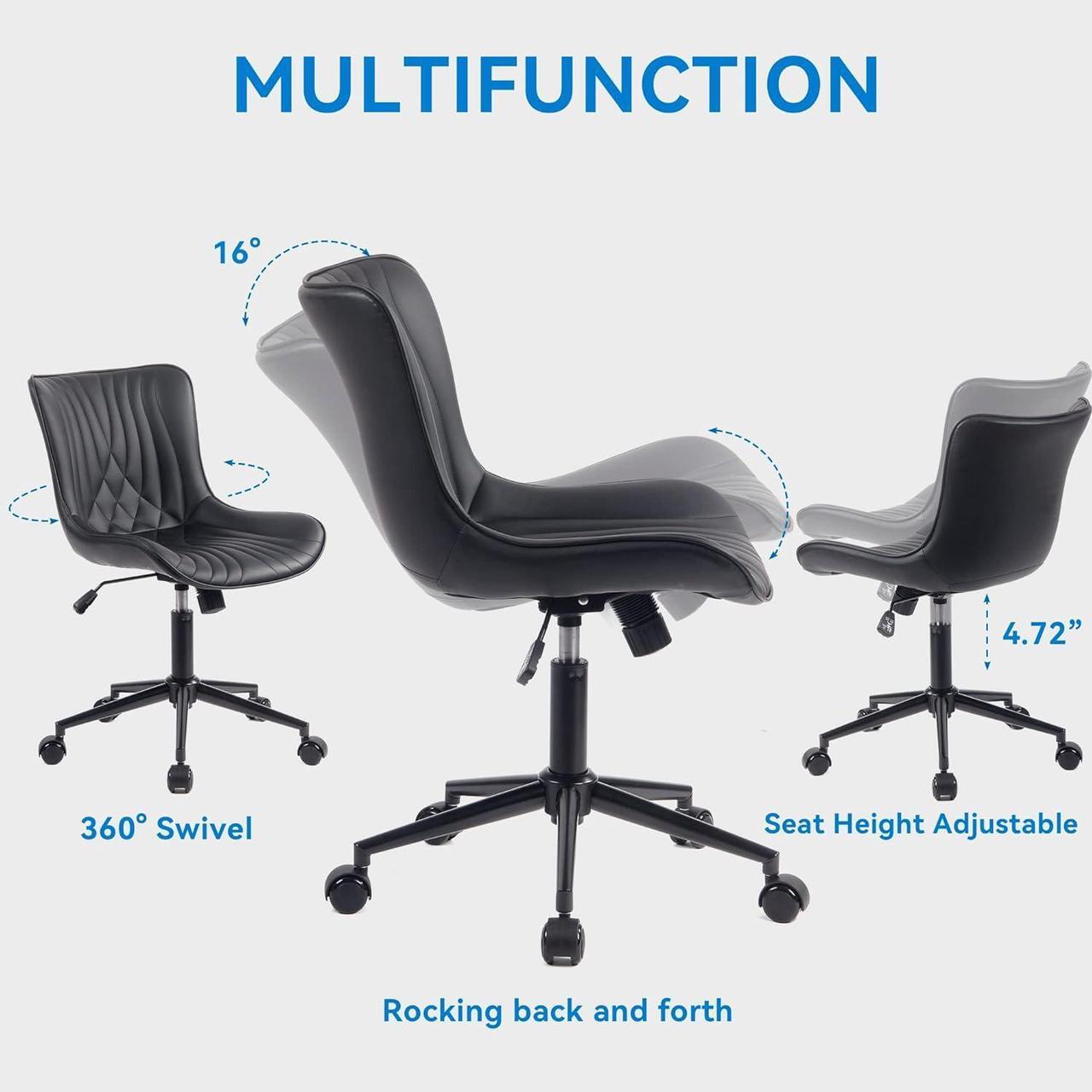 Alt view image 3 of 7 - YOUNIKE Office Chair, Armless Desk Chair with Wheels, Home Office Computer Task Chairs, Modern Faux Leather Padded Vanity Chair, Adjustable Swivel Rocking Chair with Back, Black