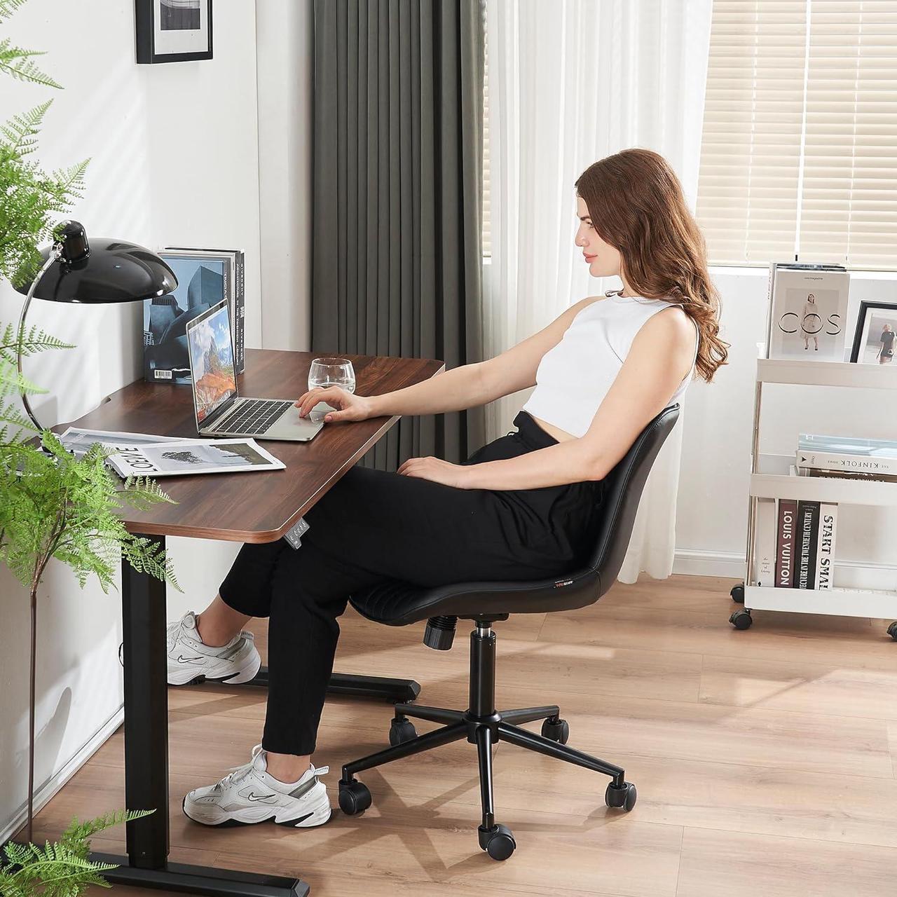 Alt view image 4 of 7 - YOUNIKE Office Chair, Armless Desk Chair with Wheels, Home Office Computer Task Chairs, Modern Faux Leather Padded Vanity Chair, Adjustable Swivel Rocking Chair with Back, Black