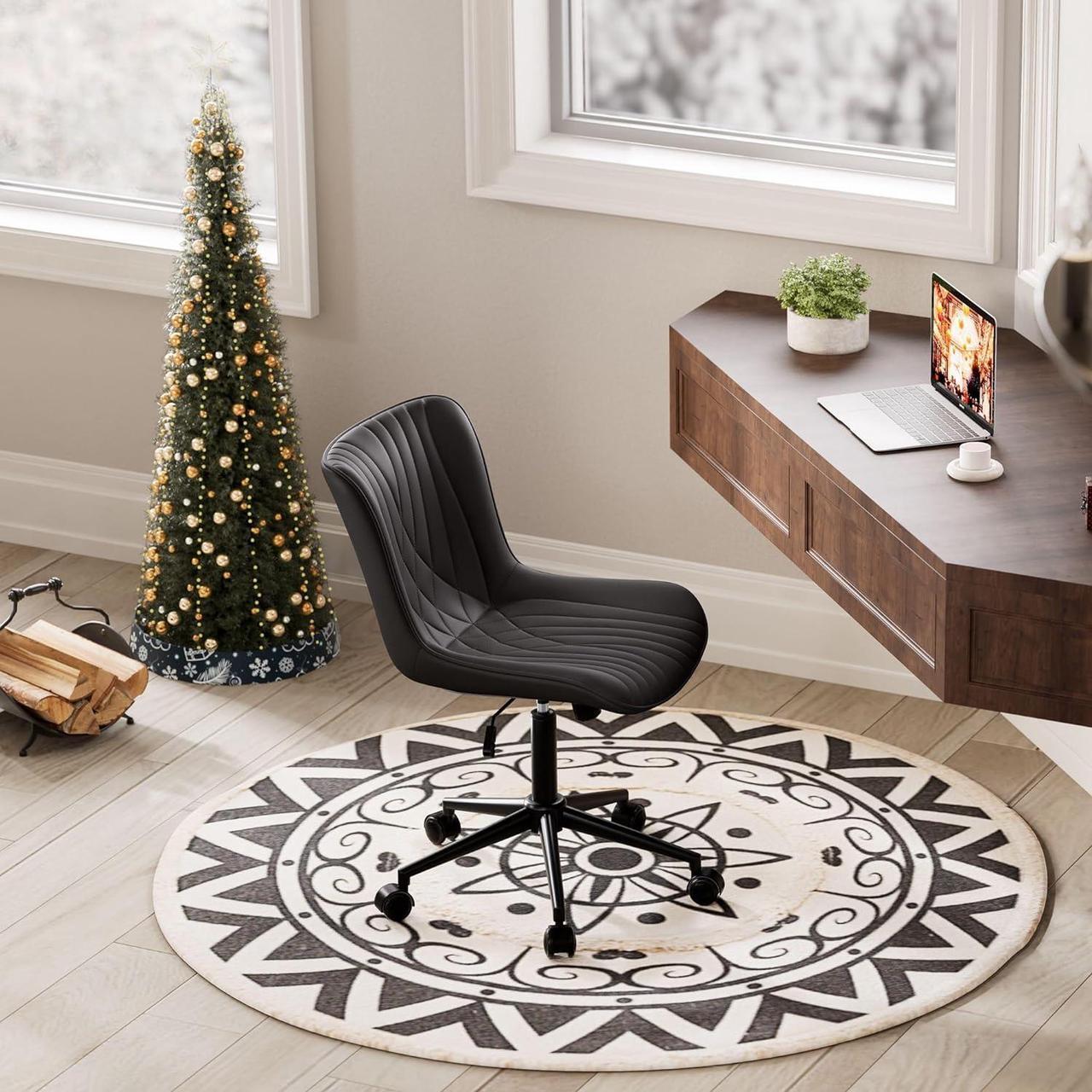 Alt view image 5 of 7 - YOUNIKE Office Chair, Armless Desk Chair with Wheels, Home Office Computer Task Chairs, Modern Faux Leather Padded Vanity Chair, Adjustable Swivel Rocking Chair with Back, Black
