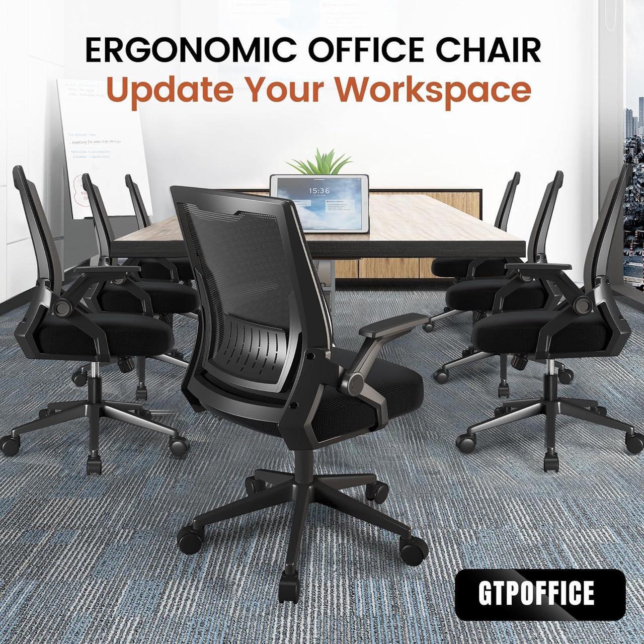 Alt view image 6 of 6 - GTPOFFICE Ergonomic Office Chair, Computer Desk Chair Comfy with Adjustable Lumbar Support, Mid-Back Mesh Office Chair with Flip-up Armrest, Tilt Function Task Chair for Home, Bedroom, Gaming, Black