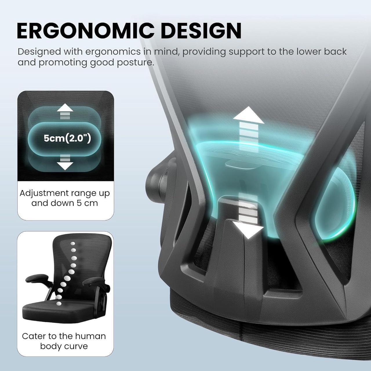 Alt view image 4 of 7 - Office Chair, Ergonomic Home Computer Desk Chairs, Comfy Breathable Mesh Chair with Adjustable Lumbar Support Flip-up Armrests, Executive Task Chair with High Back for Home Office Rolling Swivel Chair