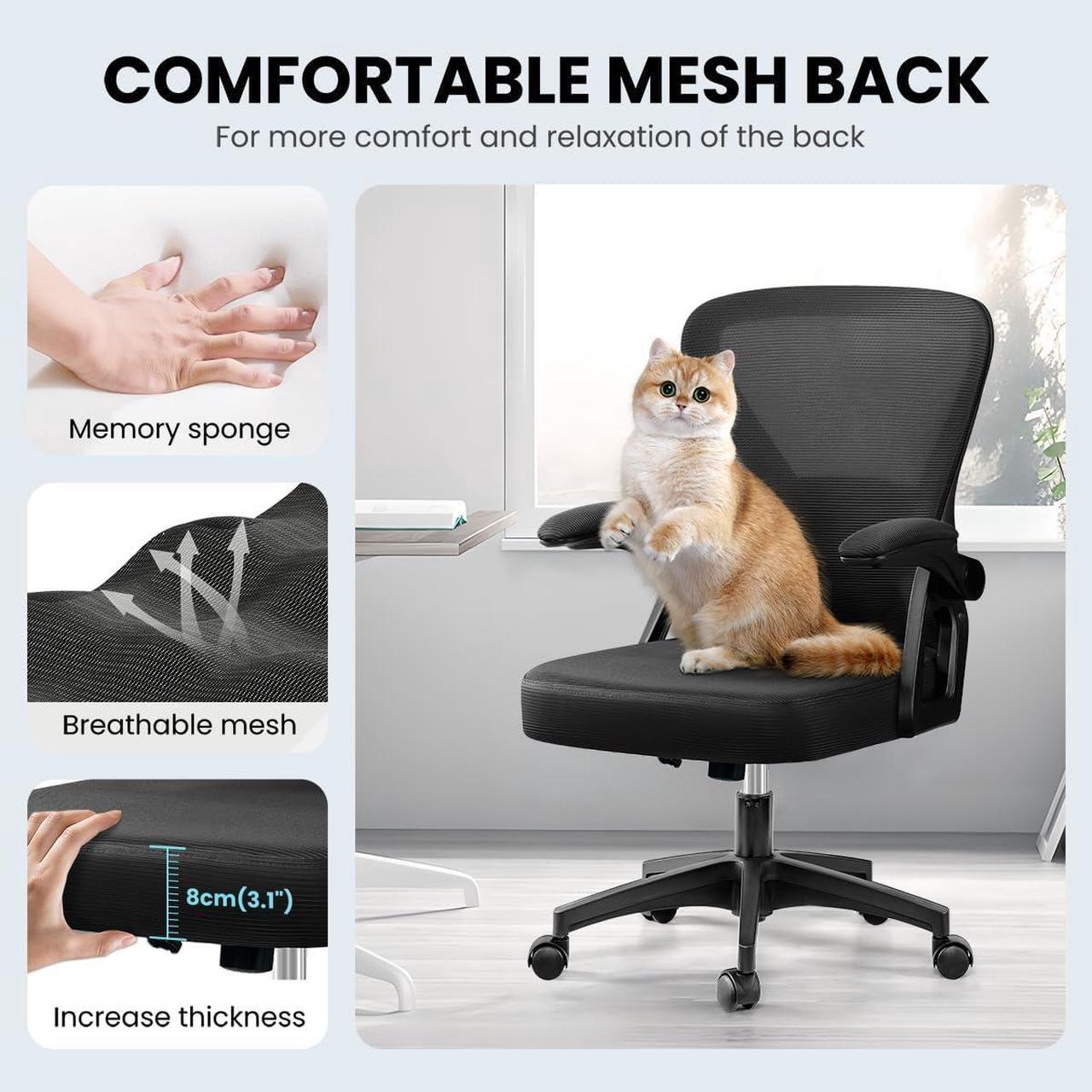 Alt view image 6 of 7 - Office Chair, Ergonomic Home Computer Desk Chairs, Comfy Breathable Mesh Chair with Adjustable Lumbar Support Flip-up Armrests, Executive Task Chair with High Back for Home Office Rolling Swivel Chair