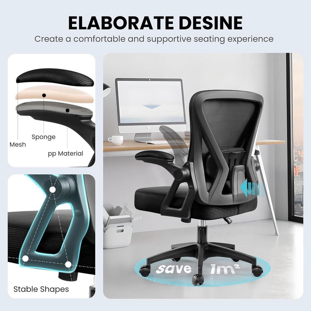 Alt view image 5 of 7 - Office Chair, Ergonomic Home Computer Desk Chairs, Comfy Breathable Mesh Chair with Adjustable Lumbar Support Flip-up Armrests, Executive Task Chair with High Back for Home Office Rolling Swivel Chair