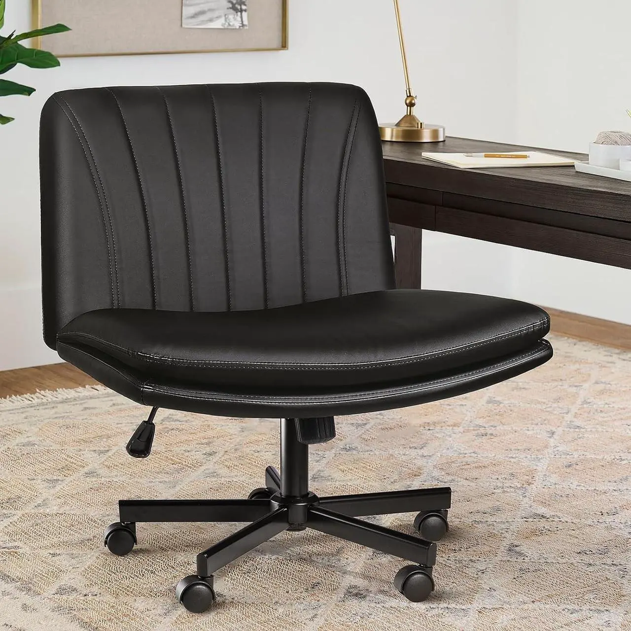 Main image of LEMBERI Armless Office Desk Chair with Wheels,Faux Leather Cross Legged Wide Chairs, Mid Back Swivel Computer Task Chairs for Home Office,Make Up,Small Space,Bed Room, Black