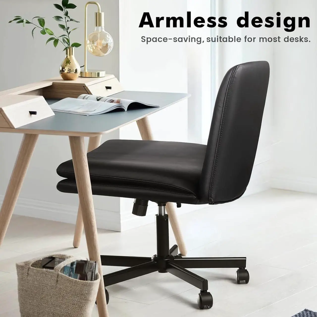 Alt view image 5 of 7 - LEMBERI Armless Office Desk Chair with Wheels,Faux Leather Cross Legged Wide Chairs, Mid Back Swivel Computer Task Chairs for Home Office,Make Up,Small Space,Bed Room, Black