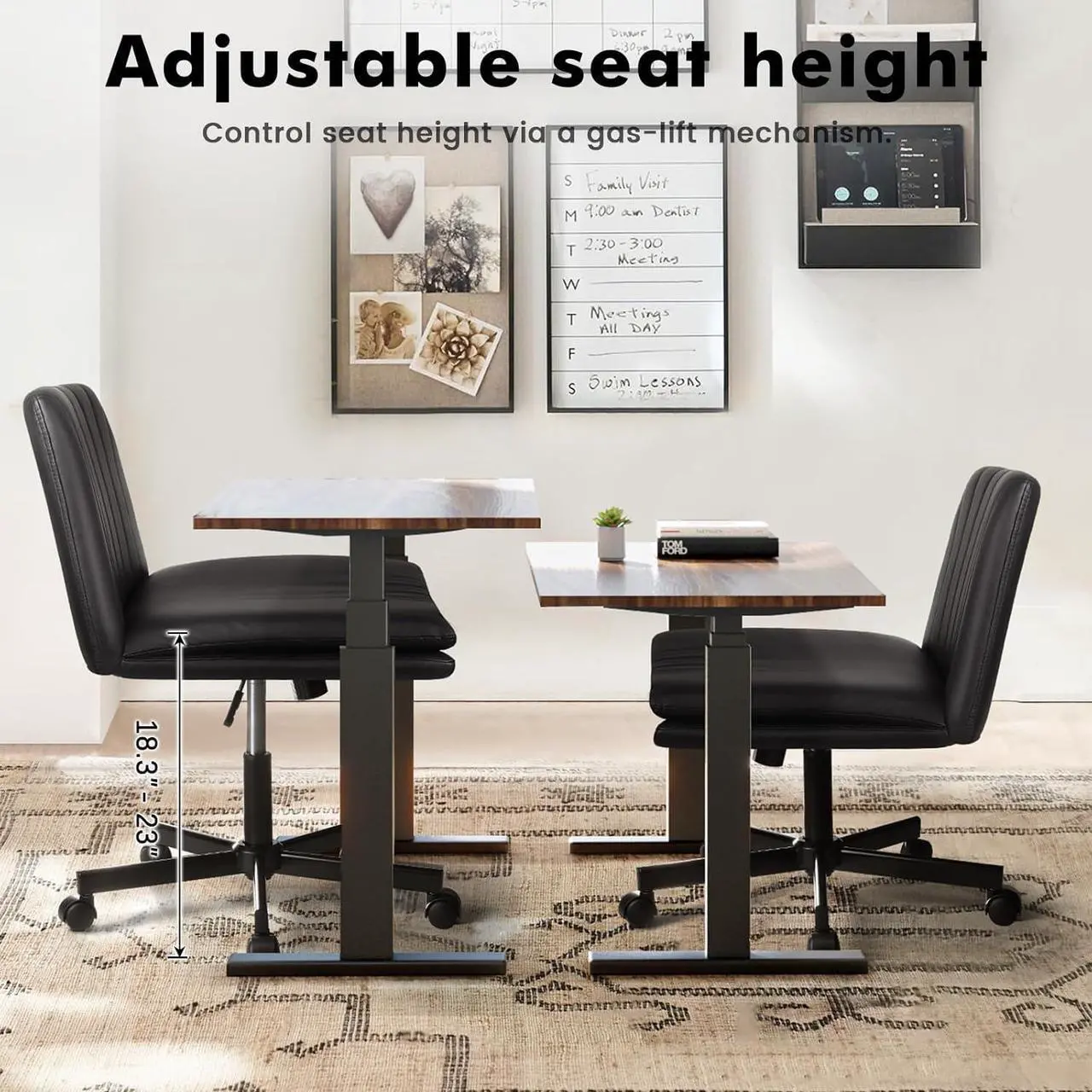 Alt view image 7 of 7 - LEMBERI Armless Office Desk Chair with Wheels,Faux Leather Cross Legged Wide Chairs, Mid Back Swivel Computer Task Chairs for Home Office,Make Up,Small Space,Bed Room, Black