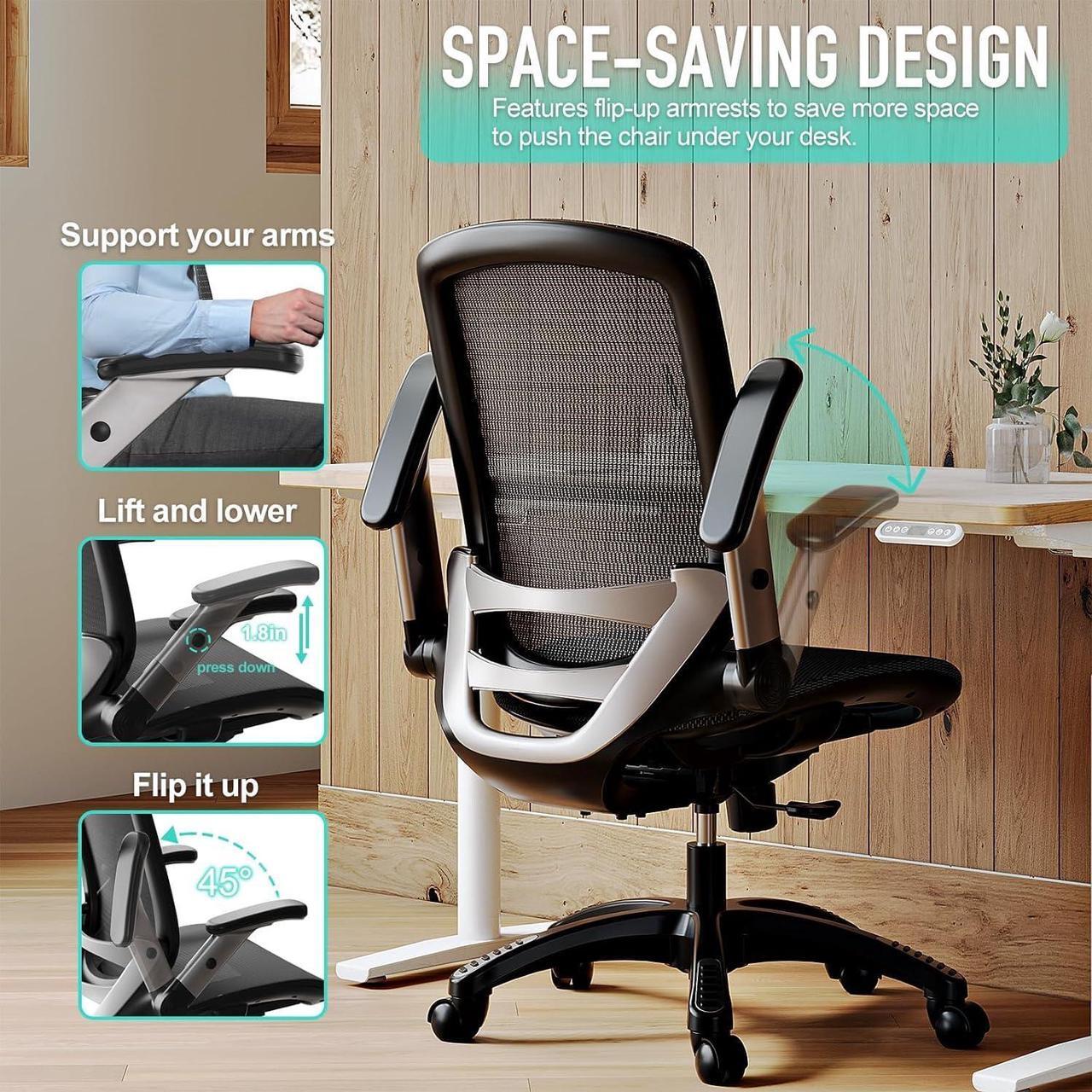Alt view image 4 of 7 - GABRYLLY Ergonomic Office Chair, Mesh Desk Chair - Lumbar Support and Adjustable Flip-up Arms, Soft Wide Seat, 90-120° Tilt, High Back Home Ergonomic Chairs Swivel Task Chair, Easy Assemble