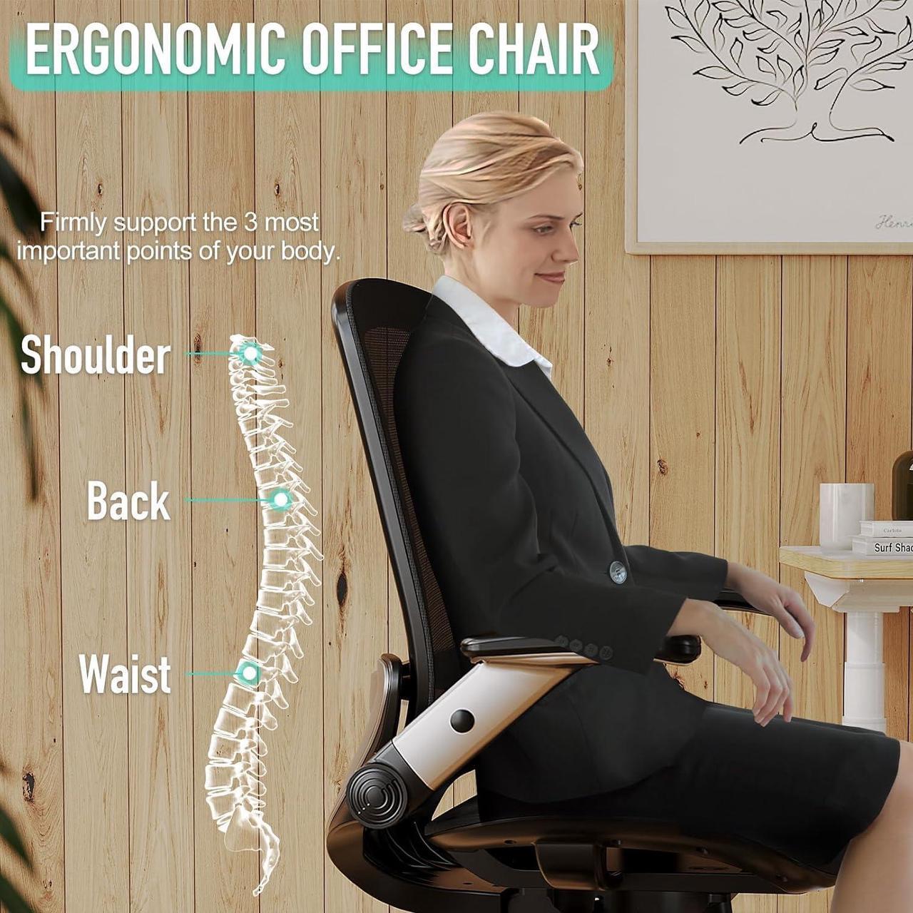 Alt view image 5 of 7 - GABRYLLY Ergonomic Office Chair, Mesh Desk Chair - Lumbar Support and Adjustable Flip-up Arms, Soft Wide Seat, 90-120° Tilt, High Back Home Ergonomic Chairs Swivel Task Chair, Easy Assemble