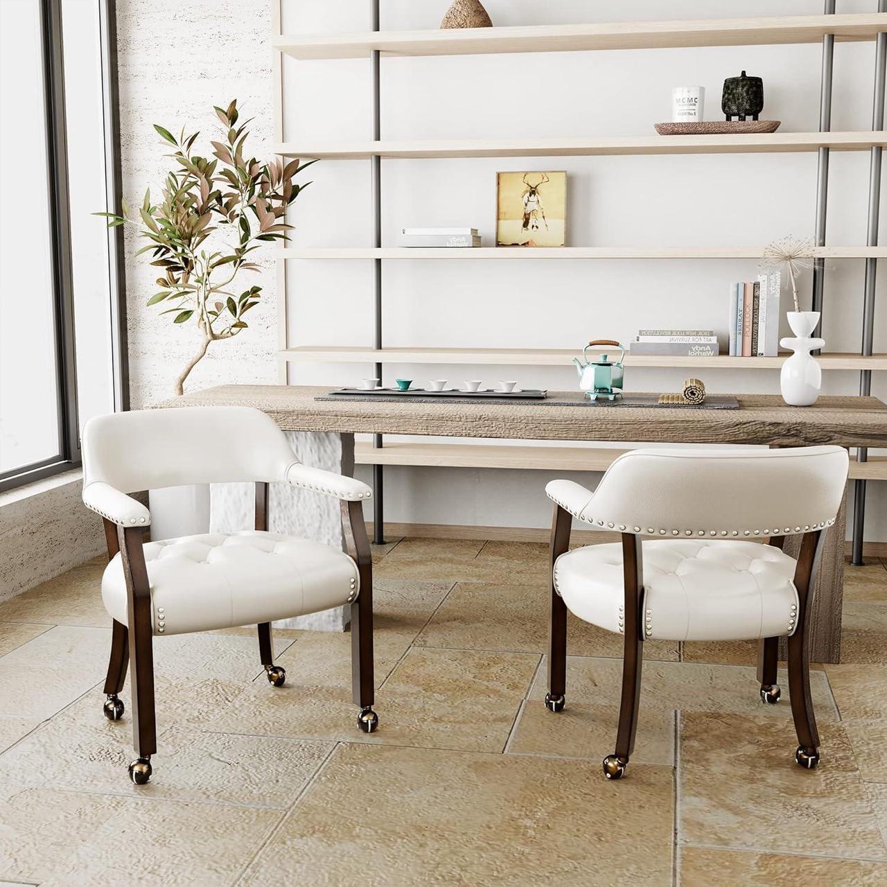 Alt view image 5 of 7 - Dining Chair with Casters, Captain's Chairs with Rollers Dinette Sets Poker Chairs with Wheels Kitchen Table Rolling Chairs High Back Chair On Caster (White 318WT)