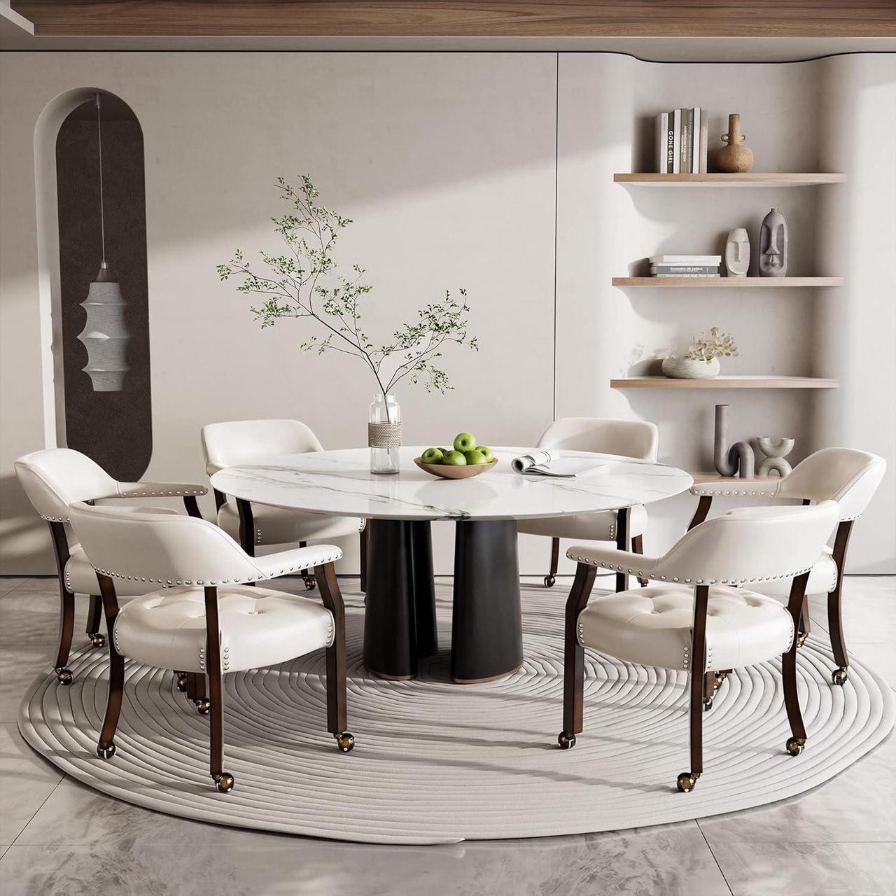 Alt view image 6 of 7 - Dining Chair with Casters, Captain's Chairs with Rollers Dinette Sets Poker Chairs with Wheels Kitchen Table Rolling Chairs High Back Chair On Caster (White 318WT)