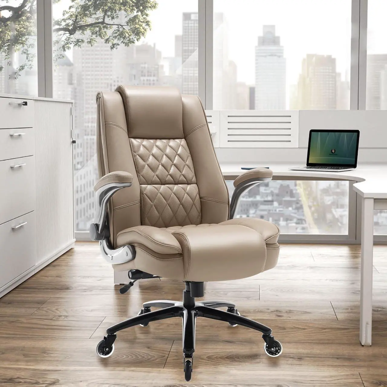 Alt view image 2 of 7 - EZAKI High Back Office Chair-Flip-up Arms Executive Computer Desk Chair, Built-in Lumbar Support Thick Padded Adjustable Rock Tension Ergonomic Design for Back Pain