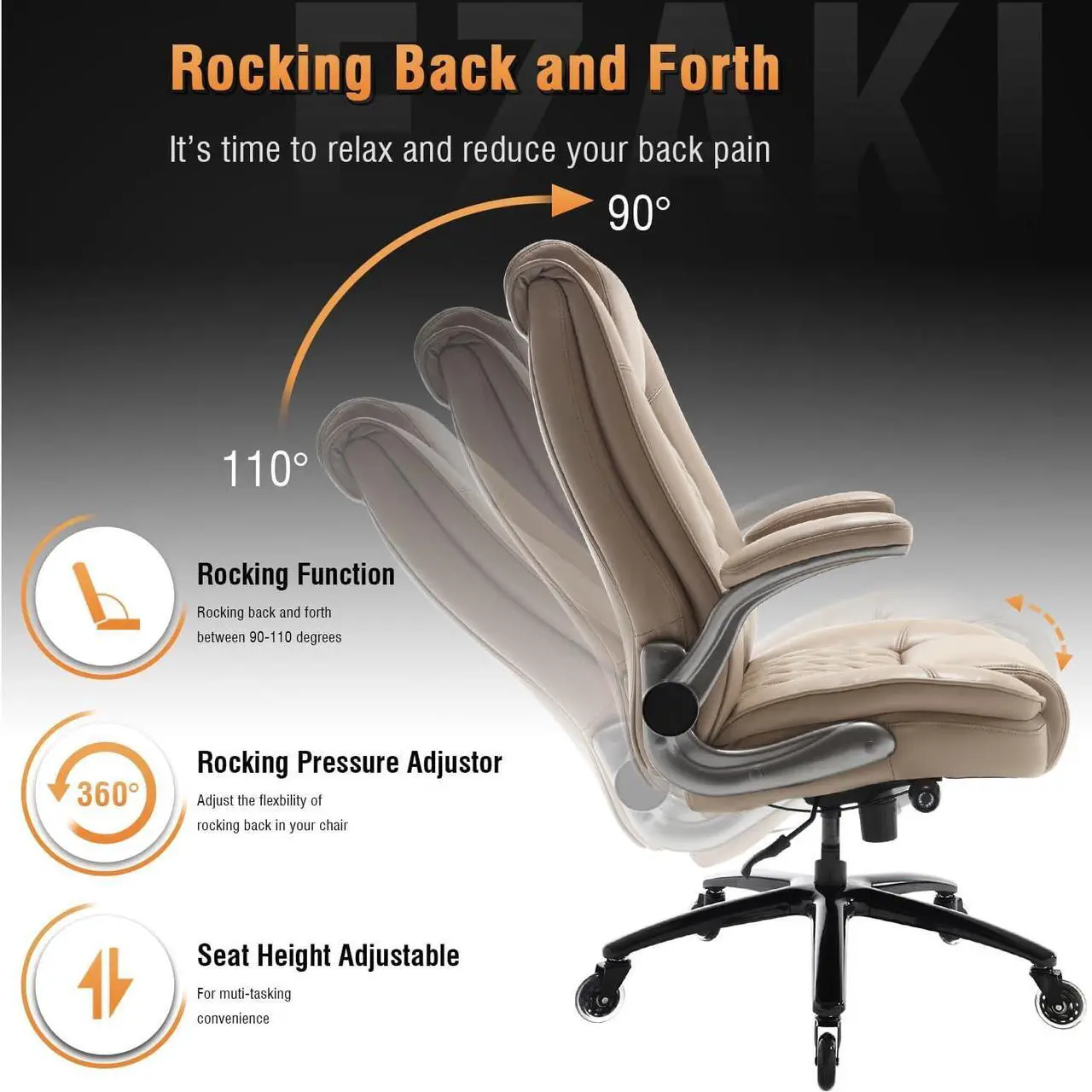 Alt view image 5 of 7 - EZAKI High Back Office Chair-Flip-up Arms Executive Computer Desk Chair, Built-in Lumbar Support Thick Padded Adjustable Rock Tension Ergonomic Design for Back Pain