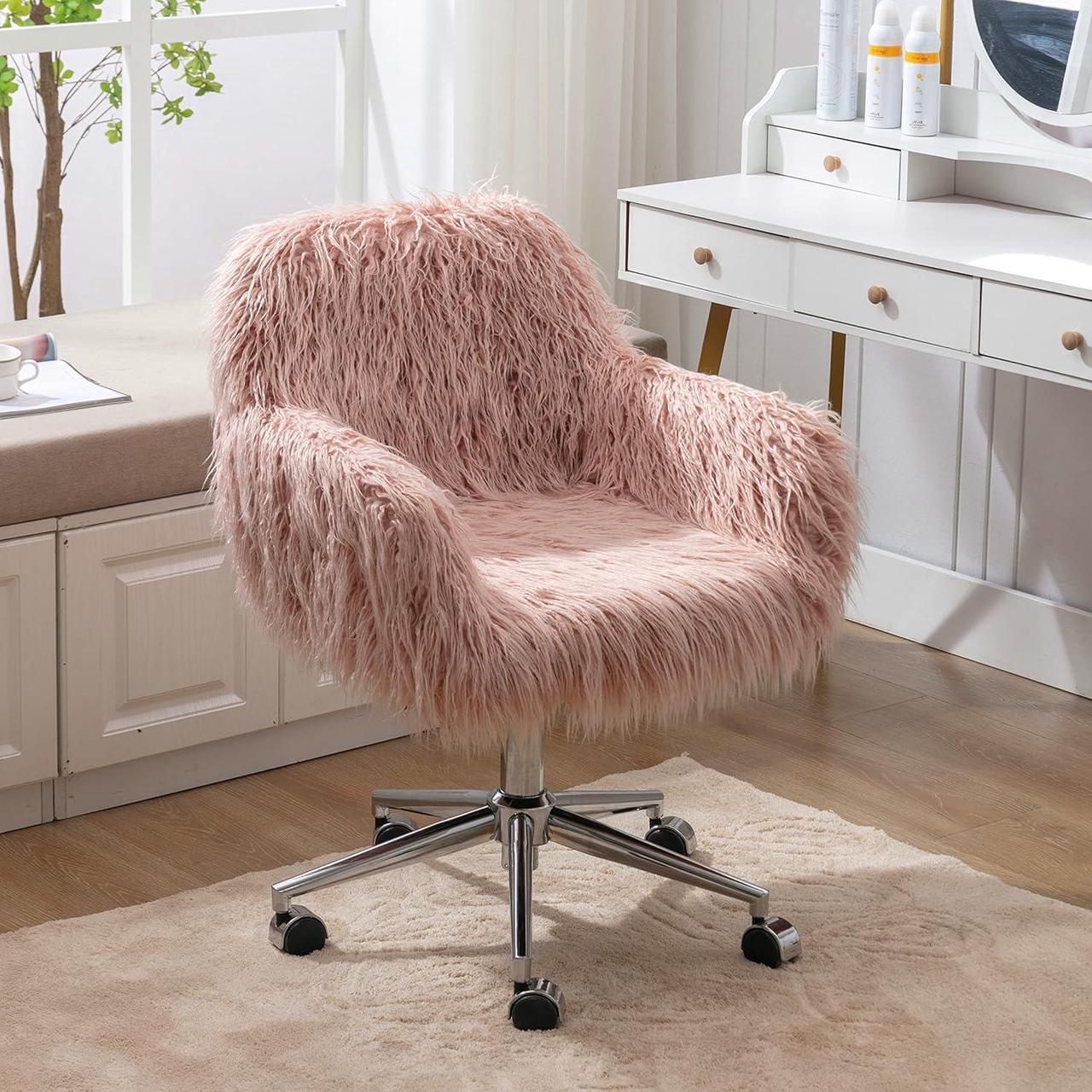 Alt view image 3 of 7 - SSLine Faux Fur Vanity Chair Elegant Pink Furry Makeup Desk Chairs for Girls Women Modern Comfy Arm Chair with Wheels in Bedroom Living Room