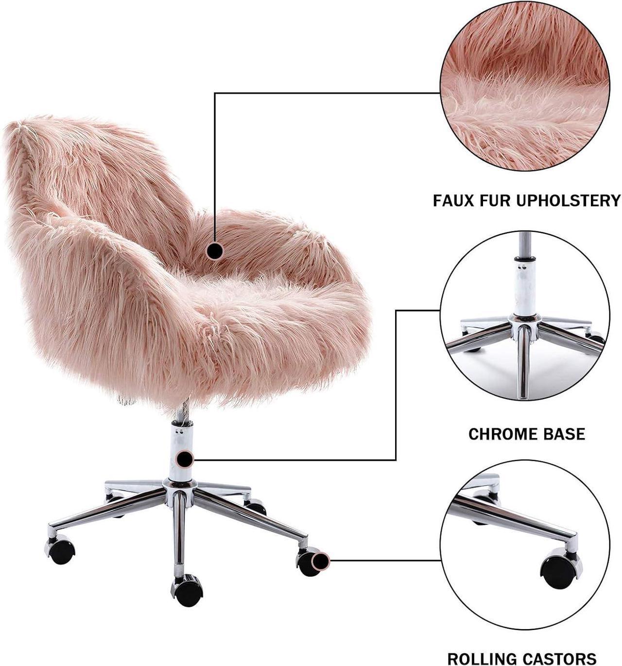 Alt view image 7 of 7 - SSLine Faux Fur Vanity Chair Elegant Pink Furry Makeup Desk Chairs for Girls Women Modern Comfy Arm Chair with Wheels in Bedroom Living Room