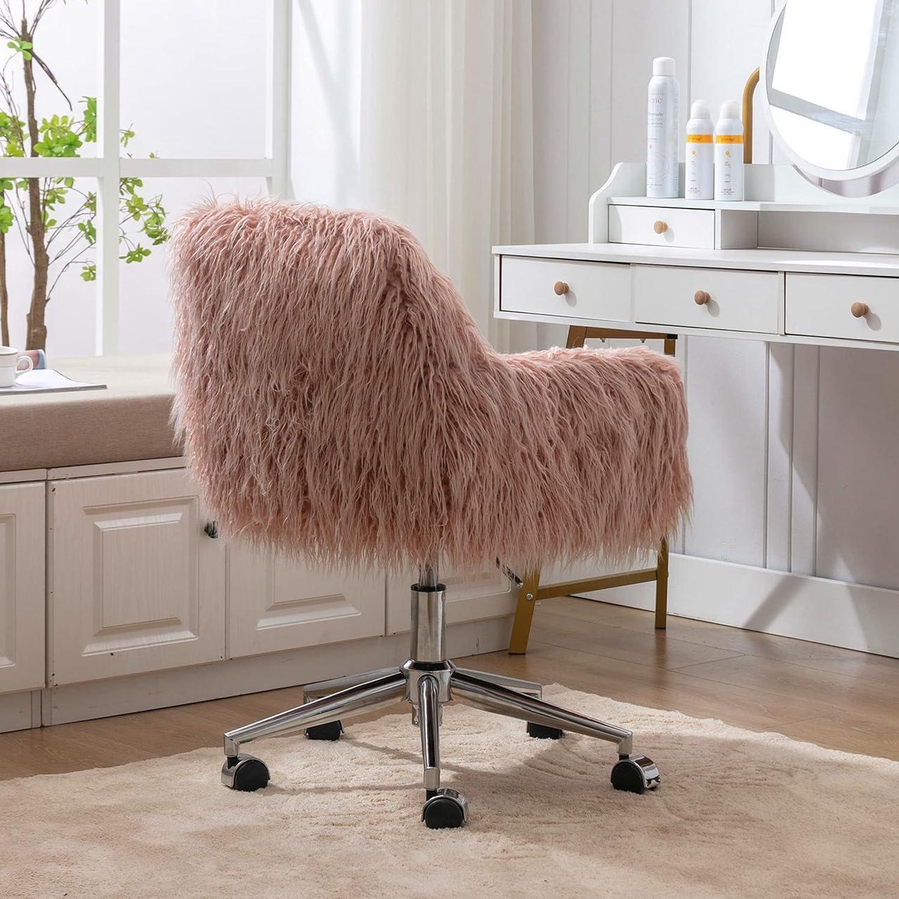 Alt view image 4 of 7 - SSLine Faux Fur Vanity Chair Elegant Pink Furry Makeup Desk Chairs for Girls Women Modern Comfy Arm Chair with Wheels in Bedroom Living Room
