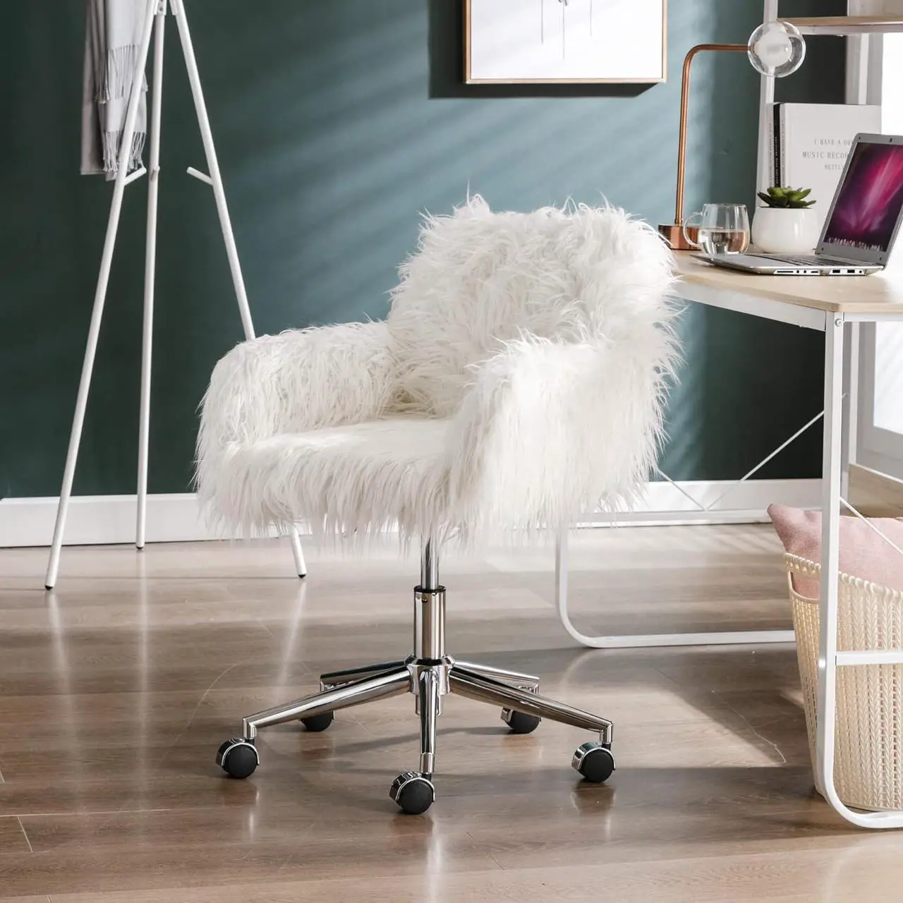 Alt view image 2 of 7 - KCC Fluffy Office Desk Chair, Faux Fur Modern Swivel Armchair with Wheels, Soft Comfy Fuzzy Elegant Accent Makeup Vanity Chairs for Women Girls, Home Living Dressing Room Bedroom, White