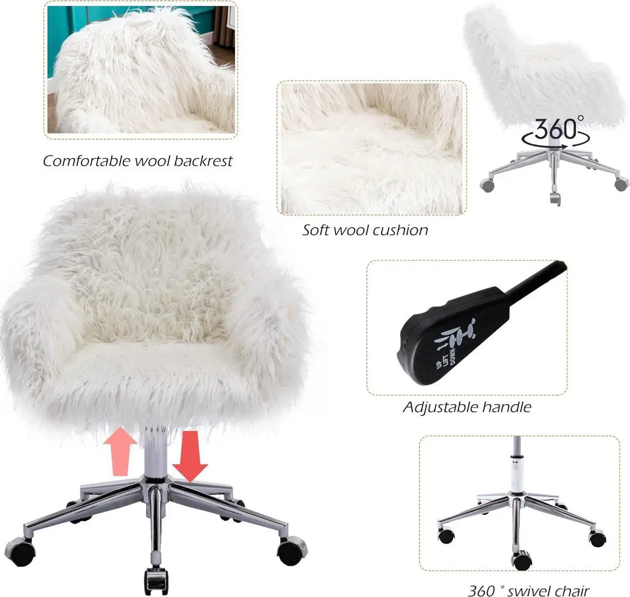 Alt view image 4 of 7 - KCC Fluffy Office Desk Chair, Faux Fur Modern Swivel Armchair with Wheels, Soft Comfy Fuzzy Elegant Accent Makeup Vanity Chairs for Women Girls, Home Living Dressing Room Bedroom, White
