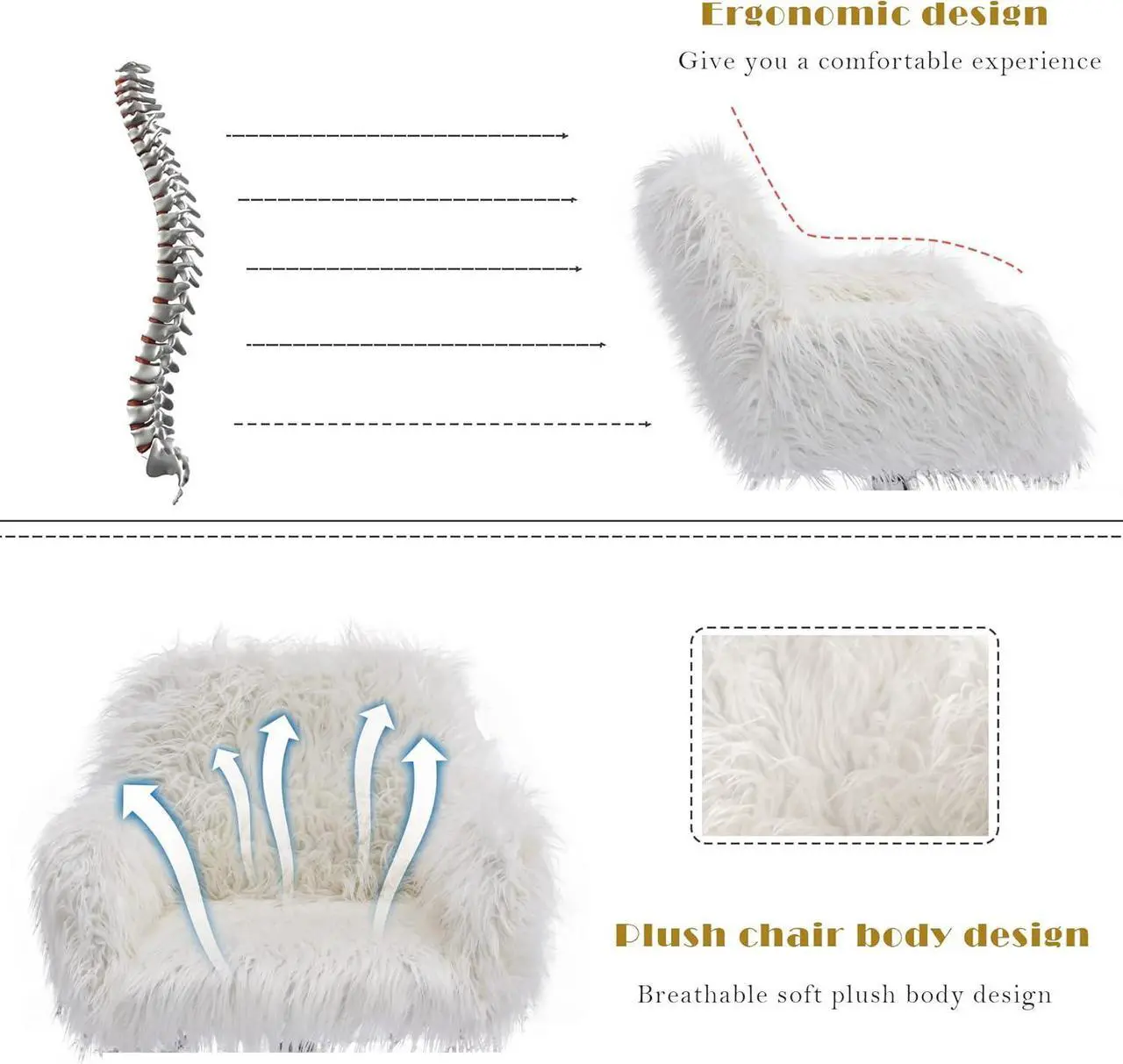 Alt view image 5 of 7 - KCC Fluffy Office Desk Chair, Faux Fur Modern Swivel Armchair with Wheels, Soft Comfy Fuzzy Elegant Accent Makeup Vanity Chairs for Women Girls, Home Living Dressing Room Bedroom, White