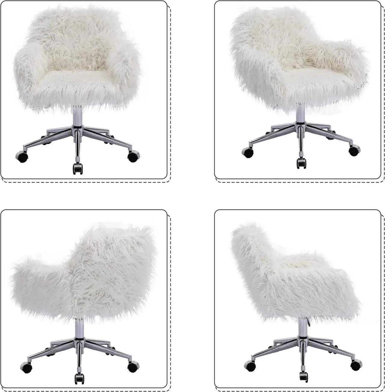 Alt view image 6 of 7 - KCC Fluffy Office Desk Chair, Faux Fur Modern Swivel Armchair with Wheels, Soft Comfy Fuzzy Elegant Accent Makeup Vanity Chairs for Women Girls, Home Living Dressing Room Bedroom, White