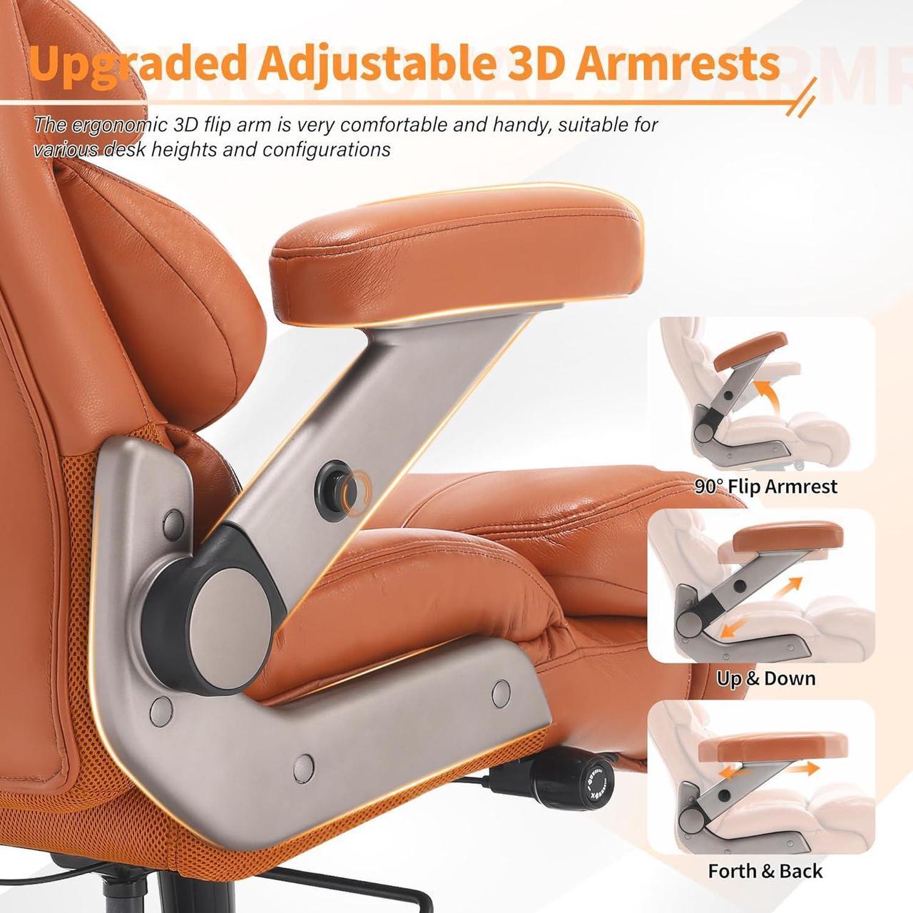 Alt view image 3 of 7 - 500lbs Big and Tall Office Chair-Large Computer Chair with Adjustable Lumbar Support 3D Flip Arms Plus Size Wheels, High Back Executive Desk Chair, Heavy Duty Metal Base, Thick Padded Wide Seat