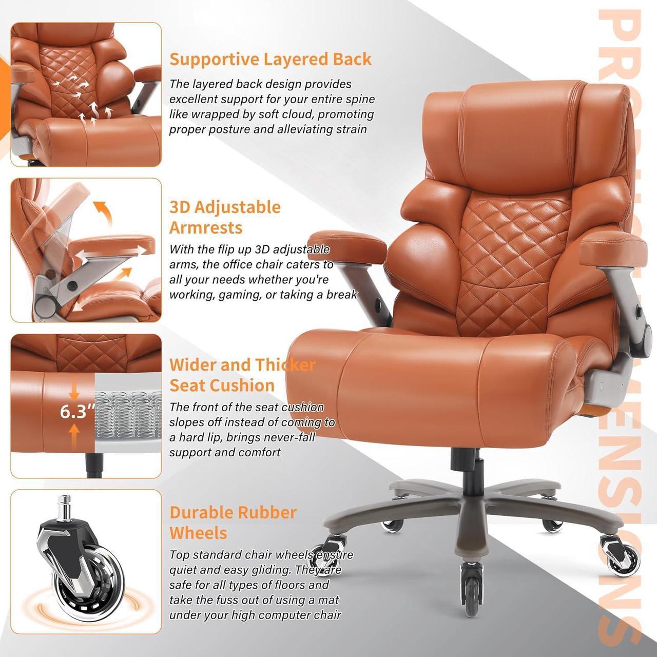 Alt view image 6 of 7 - 500lbs Big and Tall Office Chair-Large Computer Chair with Adjustable Lumbar Support 3D Flip Arms Plus Size Wheels, High Back Executive Desk Chair, Heavy Duty Metal Base, Thick Padded Wide Seat