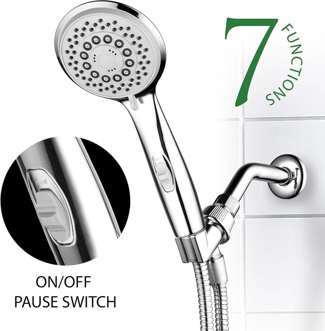 Alt view image 3 of 7 - Hotel Spa High-Pressure 7-Setting Handheld Shower Head with 4-inch Face, Patented Water-Saving ON/OFF Pause Switch, Angle-Adjustable, Easy Tool-Free Installation  Chrome Finish