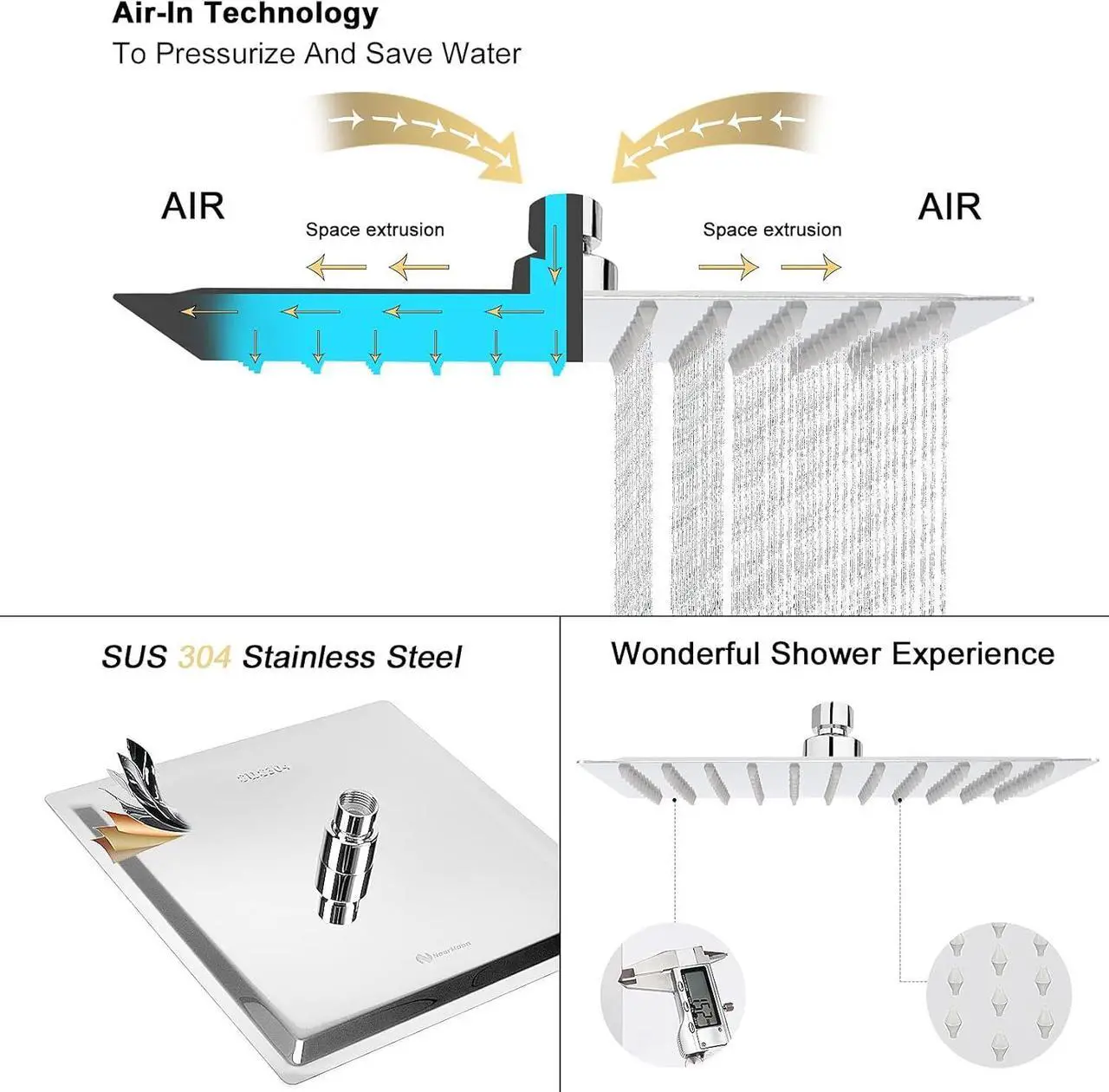 Alt view image 4 of 6 - NearMoon Rain Shower Head, High Flow Stainless Steel Square Rainfall Shower, High Pressure Design, Awesome Shower Experience Even At Low Water Flow (10 Inch, Chrome Finish)