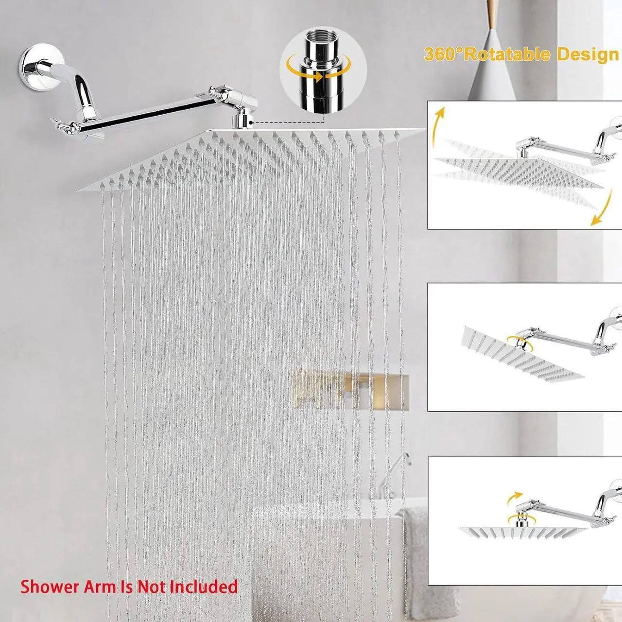 Alt view image 5 of 6 - NearMoon Rain Shower Head, High Flow Stainless Steel Square Rainfall Shower, High Pressure Design, Awesome Shower Experience Even At Low Water Flow (10 Inch, Chrome Finish)