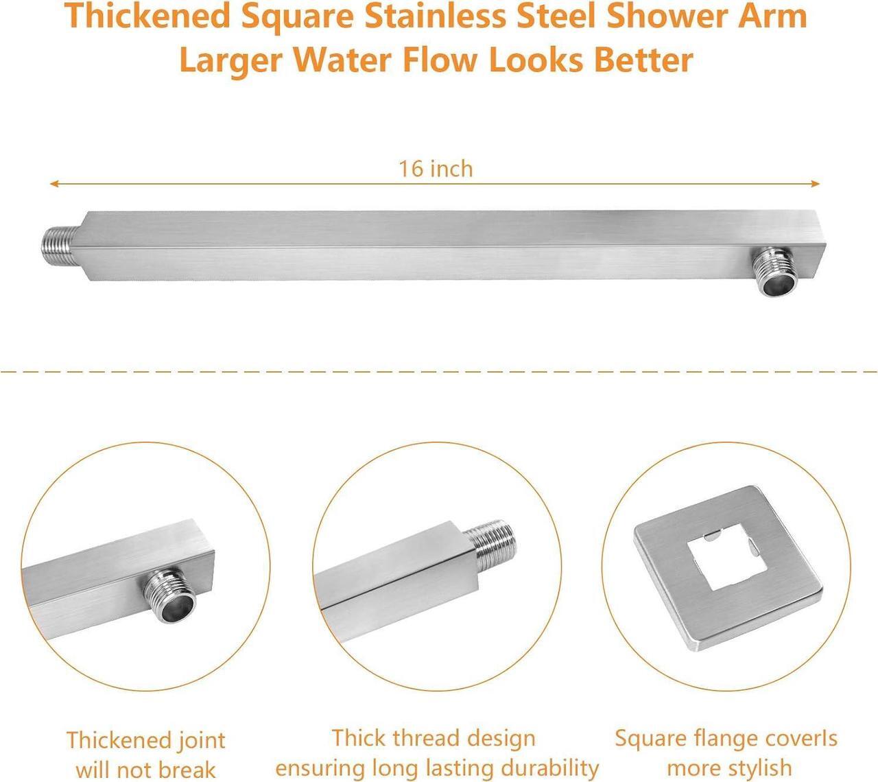 Alt view image 5 of 6 - HarJue Shower Head with Extension Arm, High Pressure Square with ShowerArm, Stainless Steel Rainfall-Waterfall Full Body Coverage (12'' Shower with 16'' Arm, Brushed Nickel)
