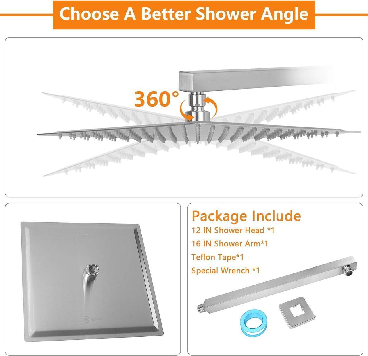 Alt view image 6 of 6 - HarJue Shower Head with Extension Arm, High Pressure Square with ShowerArm, Stainless Steel Rainfall-Waterfall Full Body Coverage (12'' Shower with 16'' Arm, Brushed Nickel)