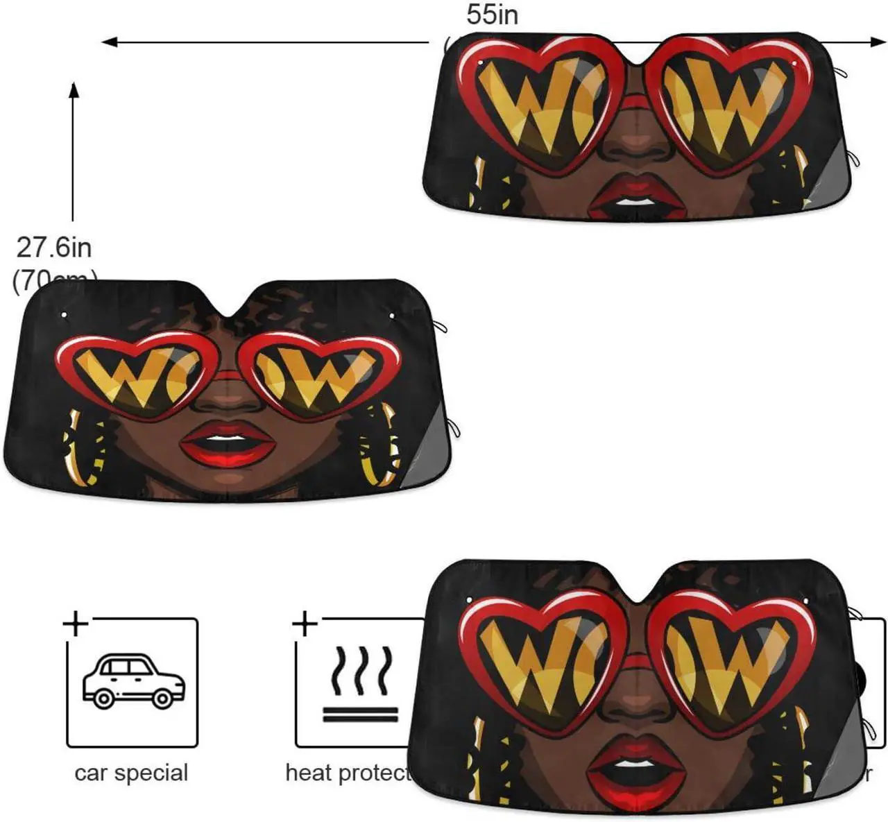 Alt view image 4 of 7 - ALAZA Afro American Woman in Shock Shade Windshield Sun Shade,Foldable Car Sun Shade for Front Windshield Sunshades Protector Blocks UV Rays Sun Visor Protect and Cool Your Vehicle Interior