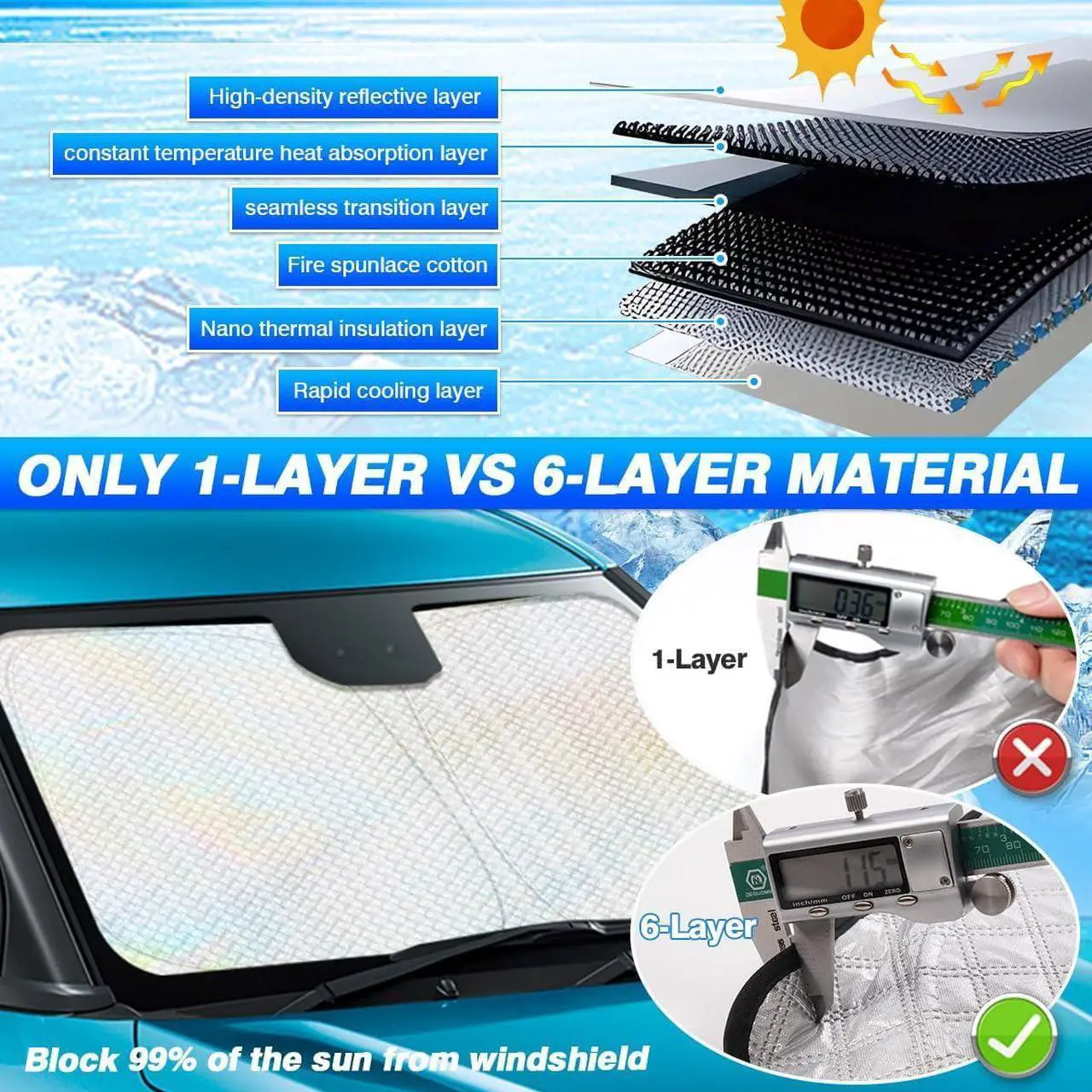 Alt view image 3 of 6 - Windshield Sun Shade for Hyundai Tucson Accessories 2022-2024 2025 Thicken 6-Layer Foldable Front Window Sunshade Cover Sun Visor Protector Block UV Rays Keep Vehicle Cool
