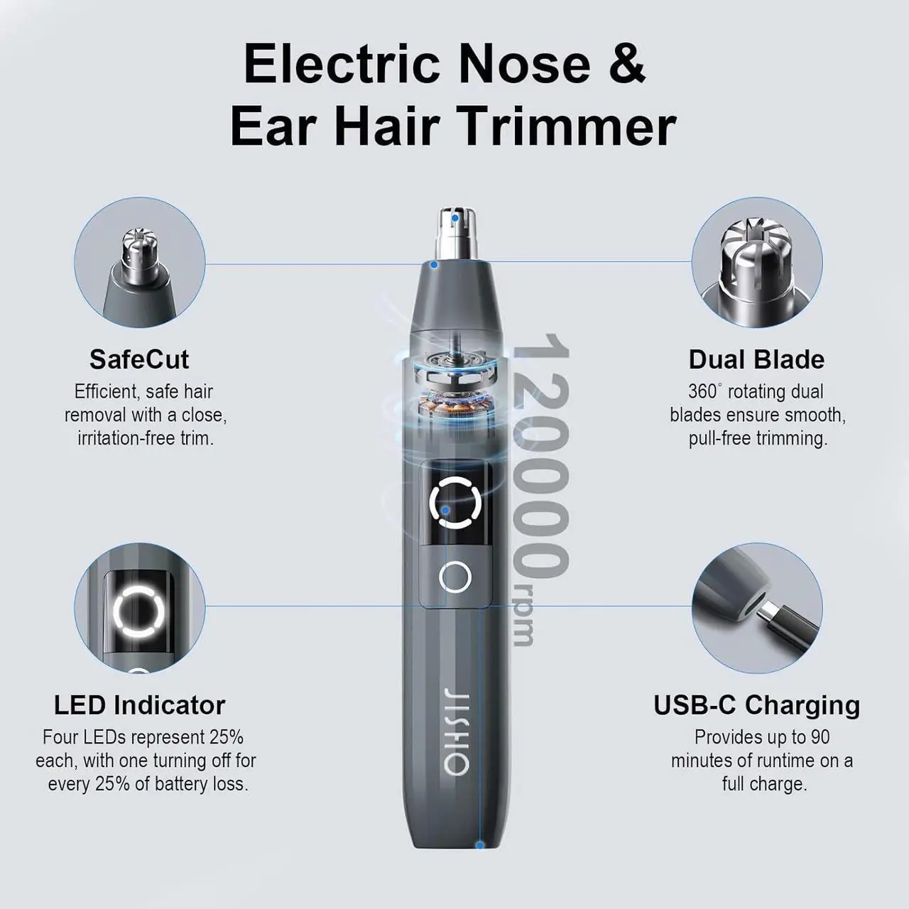 Alt view image 4 of 6 - JISHO Rechargeable Ear and Nose Hair Trimmer for Men Women-12000 RPM Powerful Motor with Dual Edge Blades, Waterproof, USB Type-C, Easy to Clean Travel Size
